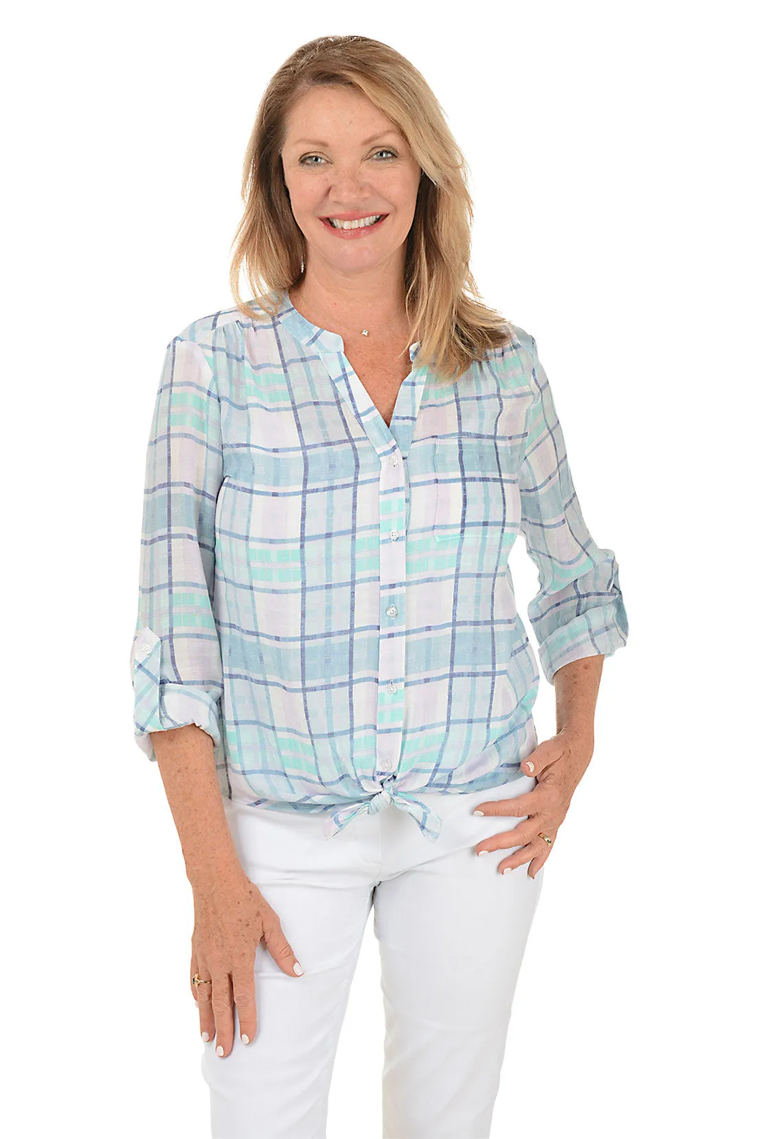Orchid Plaid Button-Front Blouse Durable Hem Stitching DoubleLayered