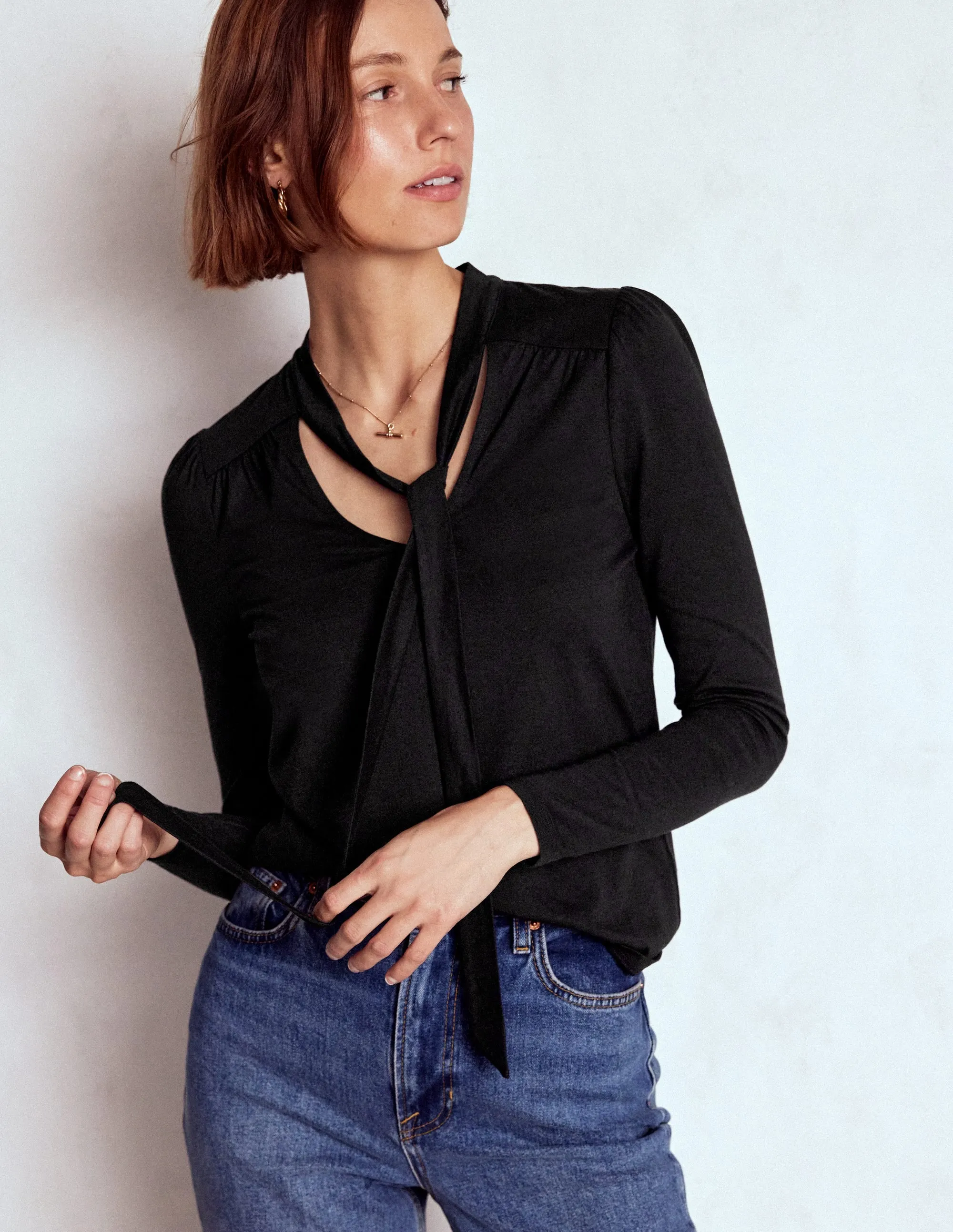 Tie Neck Supersoft Top-Black Modular Layering System Elegant Cardigan
