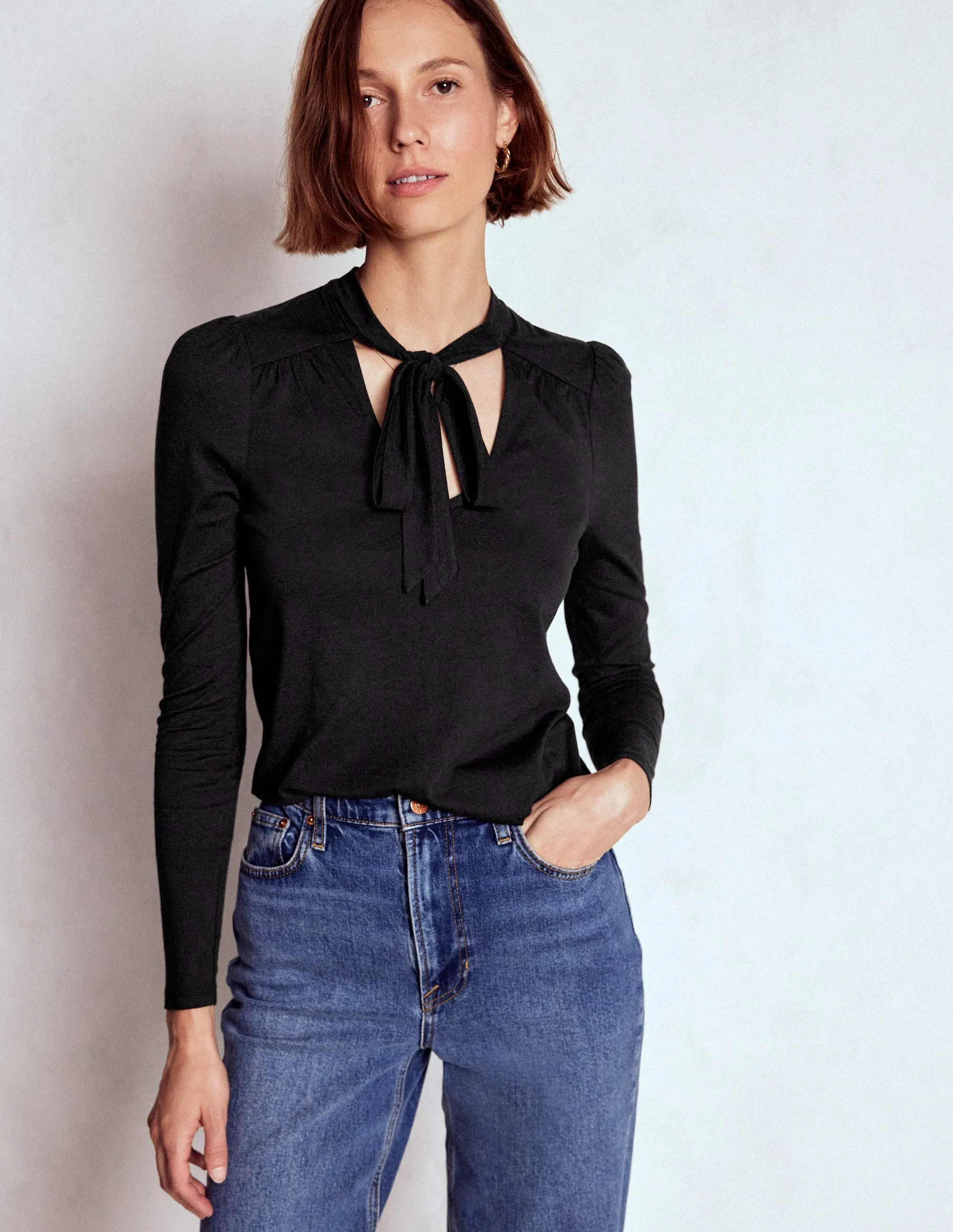 Tie Neck Supersoft Top-Black AdjustableClosure DoubleLayered Collar