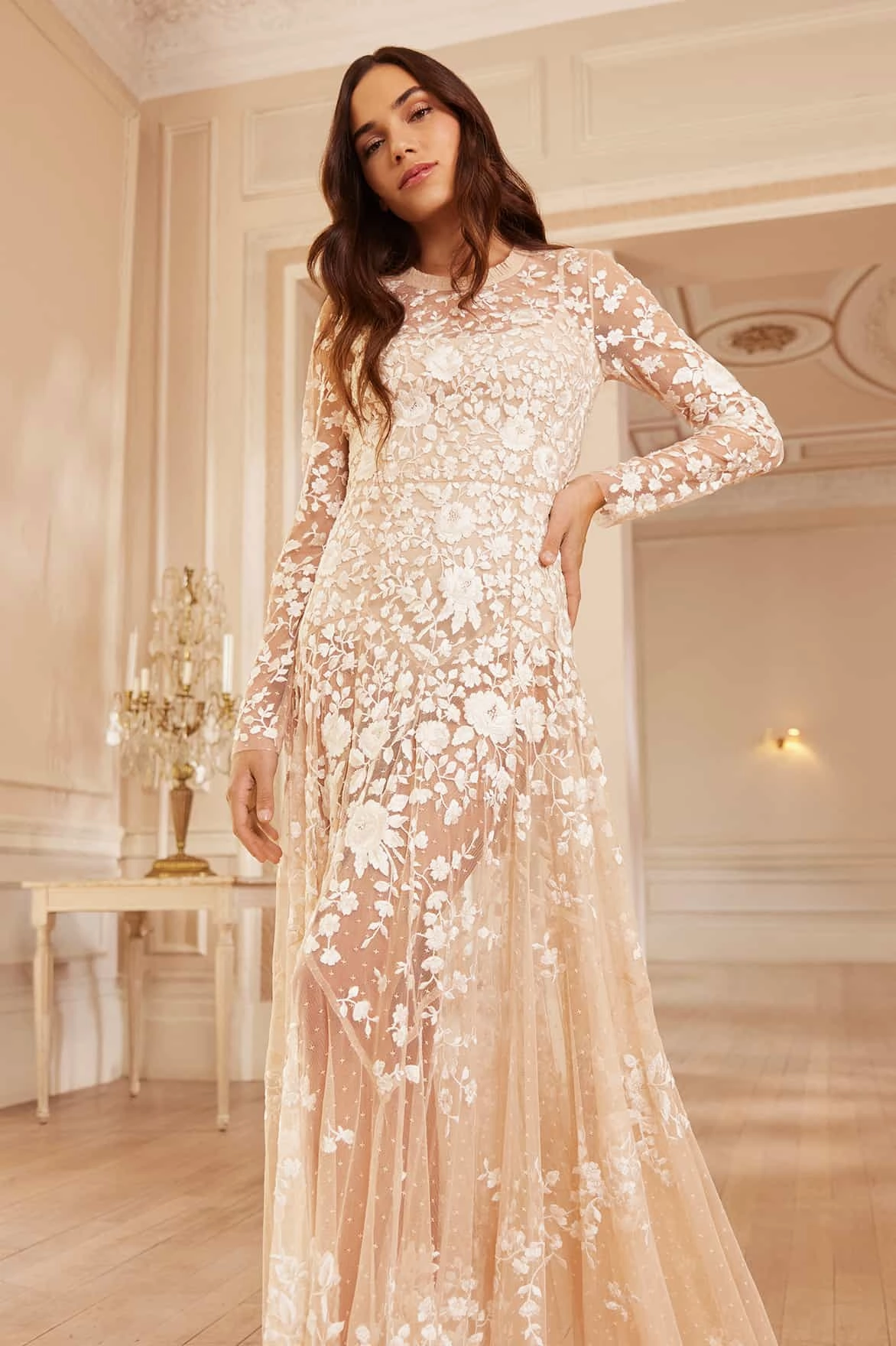 Dew Glow Abstract Pattern Rosa Sheer Ankle Gown