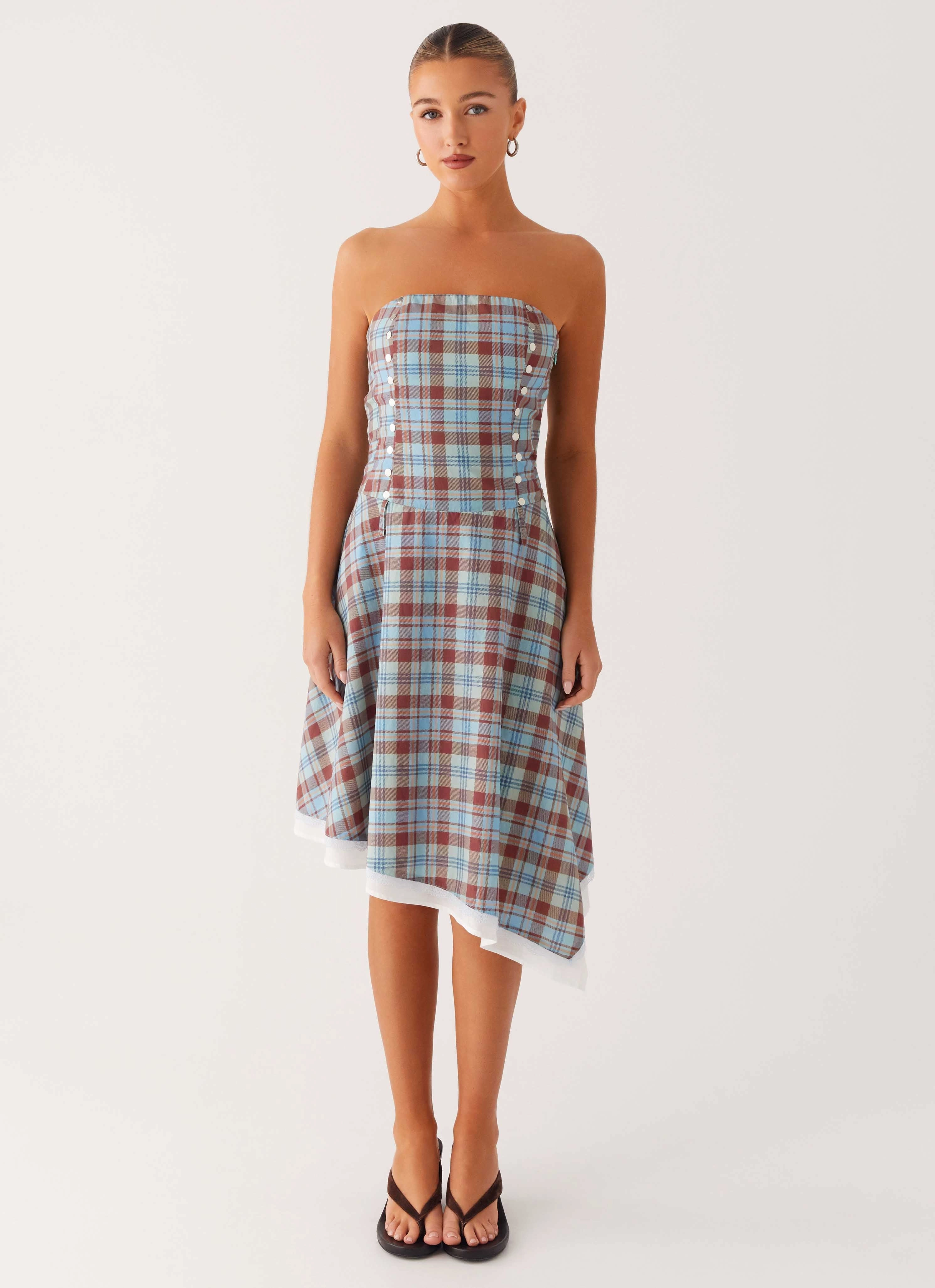 Tonie Strapless Midi Dress - Shoreline Check