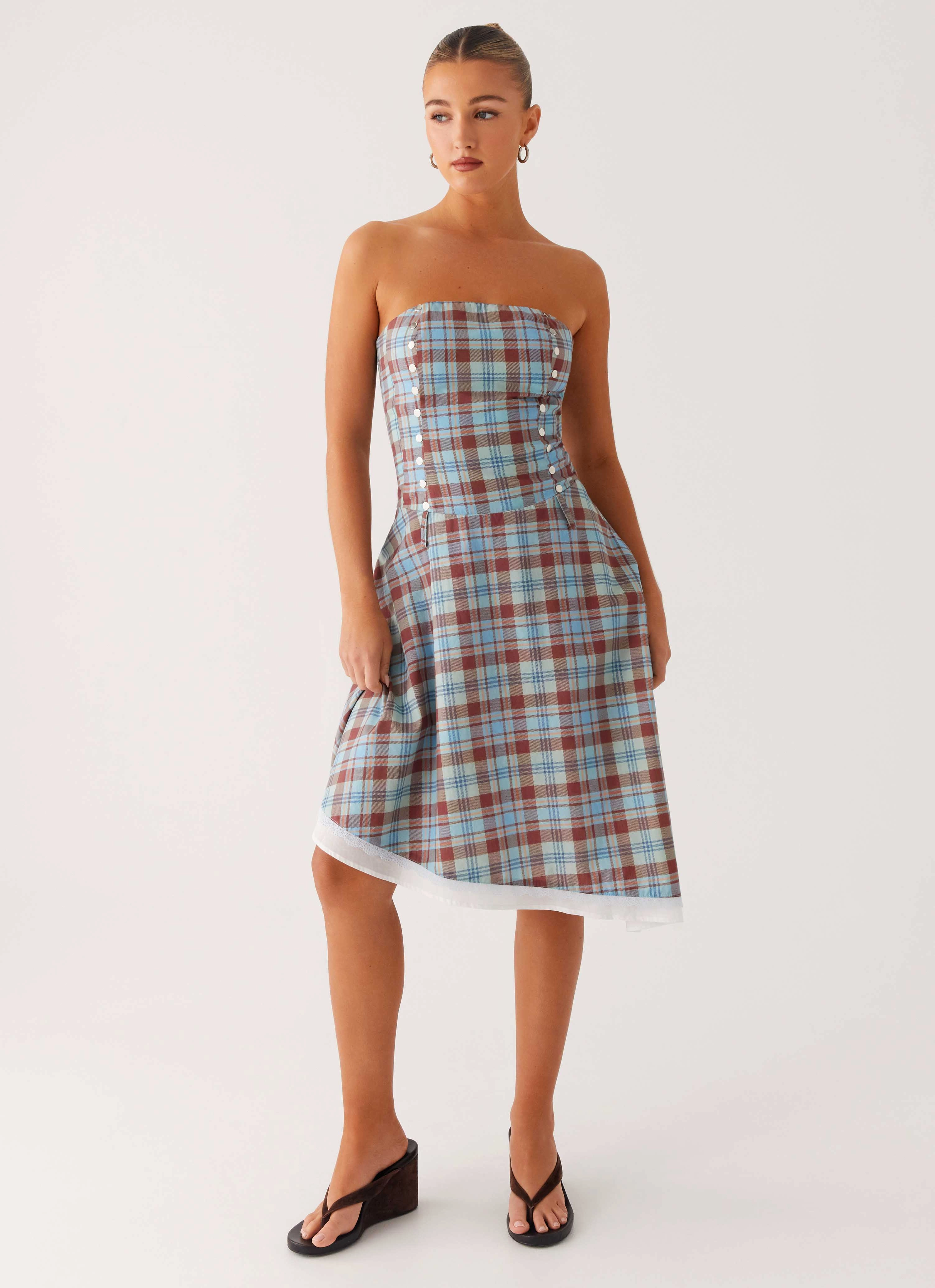 Tonie Strapless Midi Dress - Shoreline Check