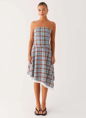 Tonie Strapless Midi Dress - Shoreline Check