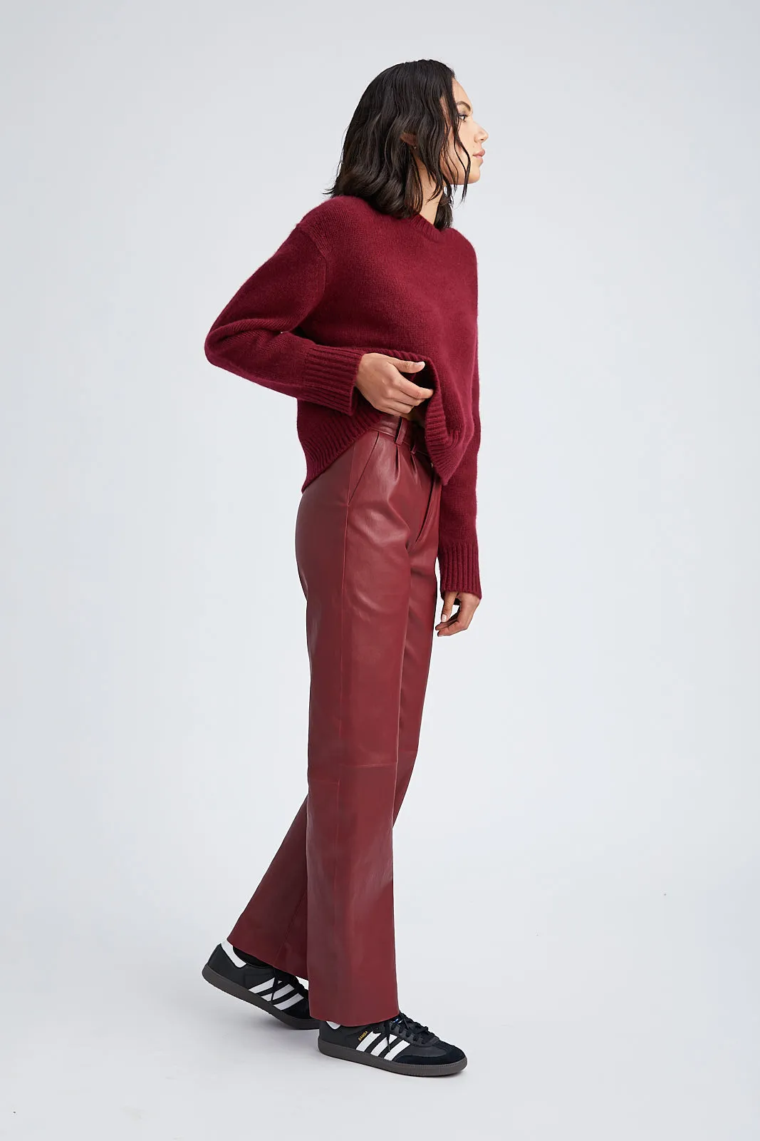 Soft Interior Non Restrictive Fit Crimson Leather Straight Leg Trousers