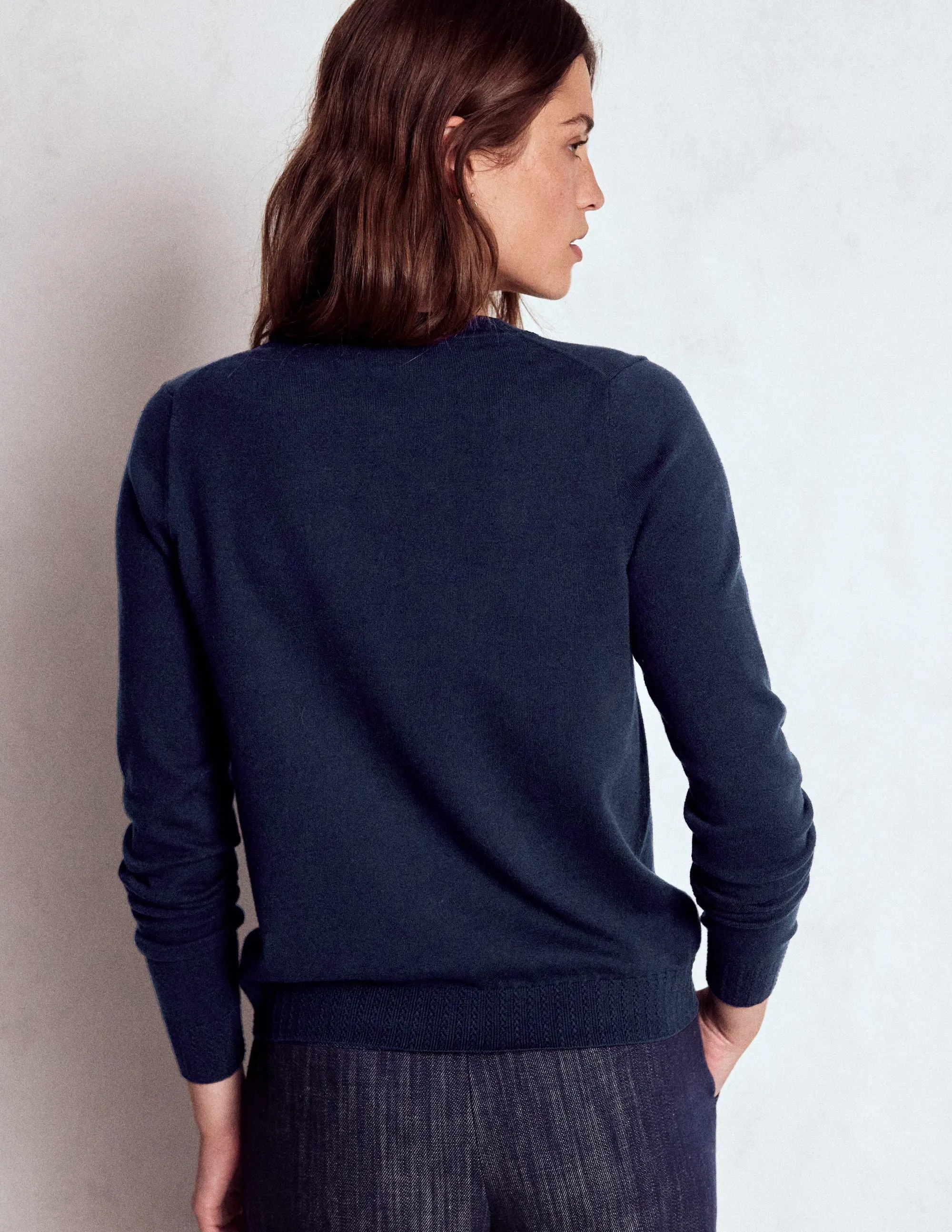 Emilia Cotton Crew Cardigan-Navy Wrinkle Resistant Finish