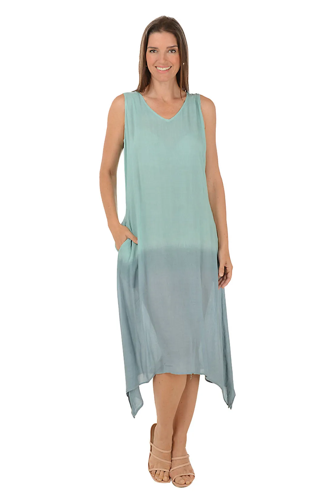 Comfy Wear Elegant Outline Celadon Dip-Dye Sleeveless Midi Dress