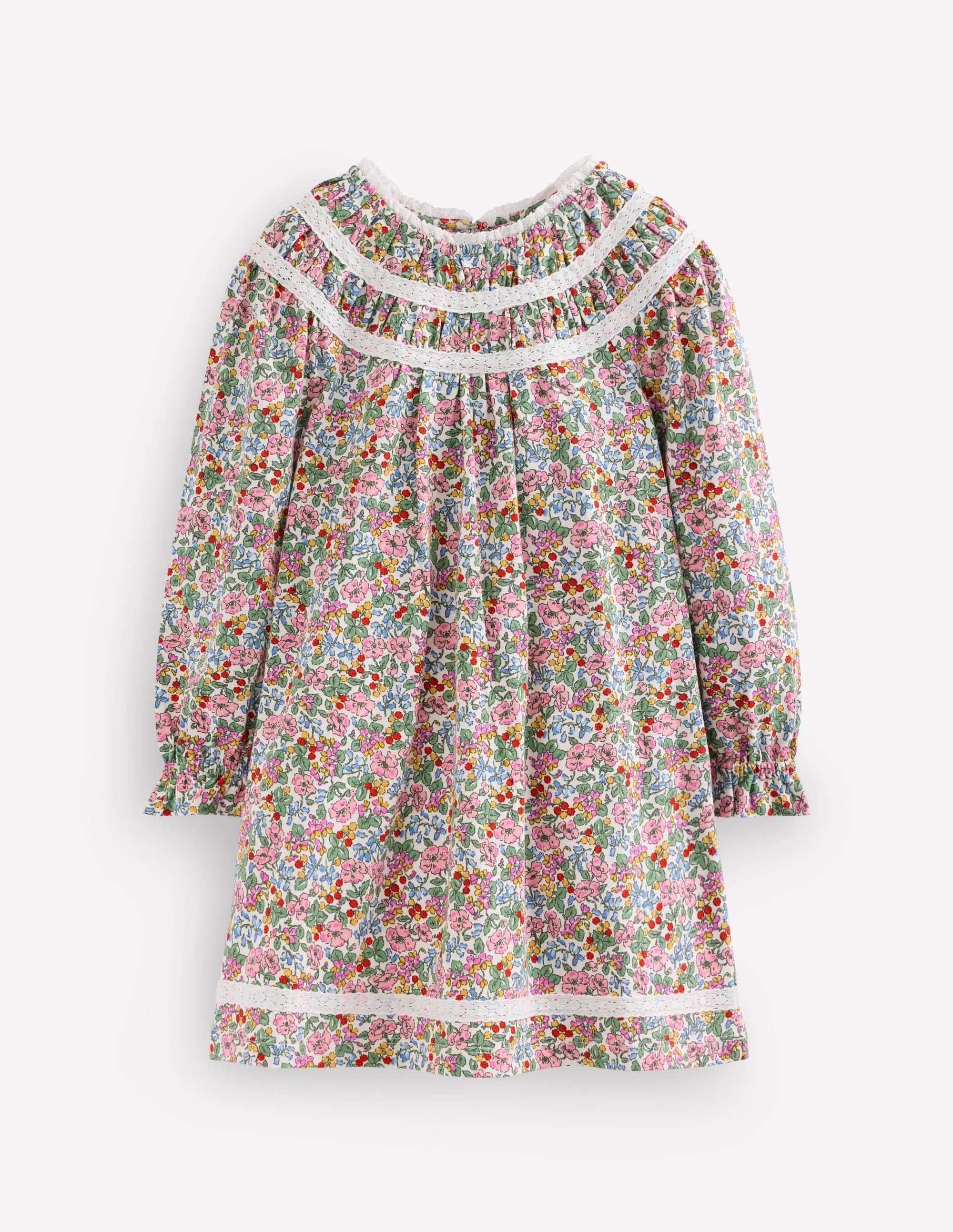 Pretty Lace Trim Jersey Dress-Soft Ivory Berry Floral All-Occasion Look