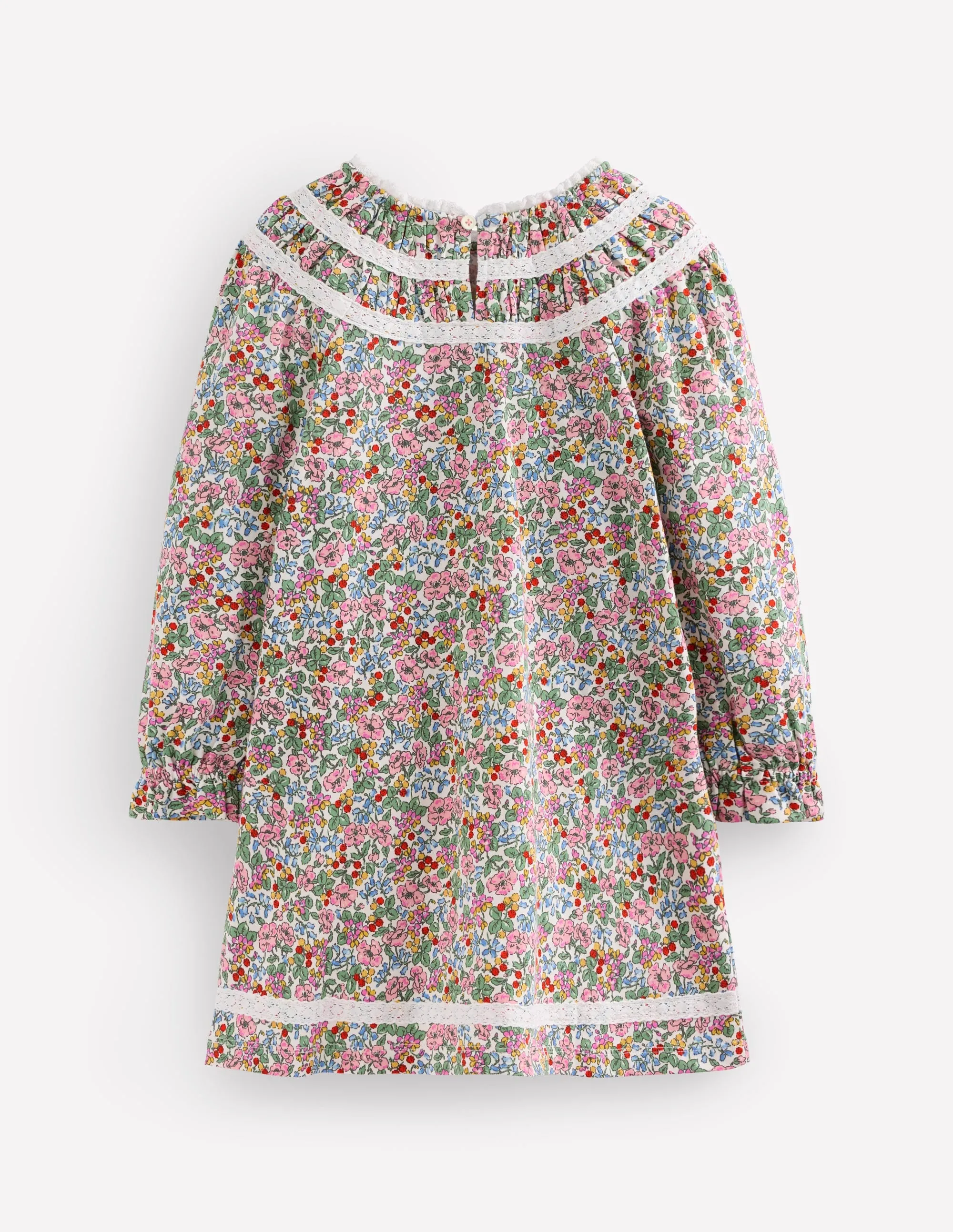 Pretty Lace Trim Jersey Dress-Soft Ivory Berry Floral Feminine Design