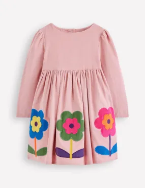 Corduroy Appliqu Dress-Almond Pink Flower Basic Shape