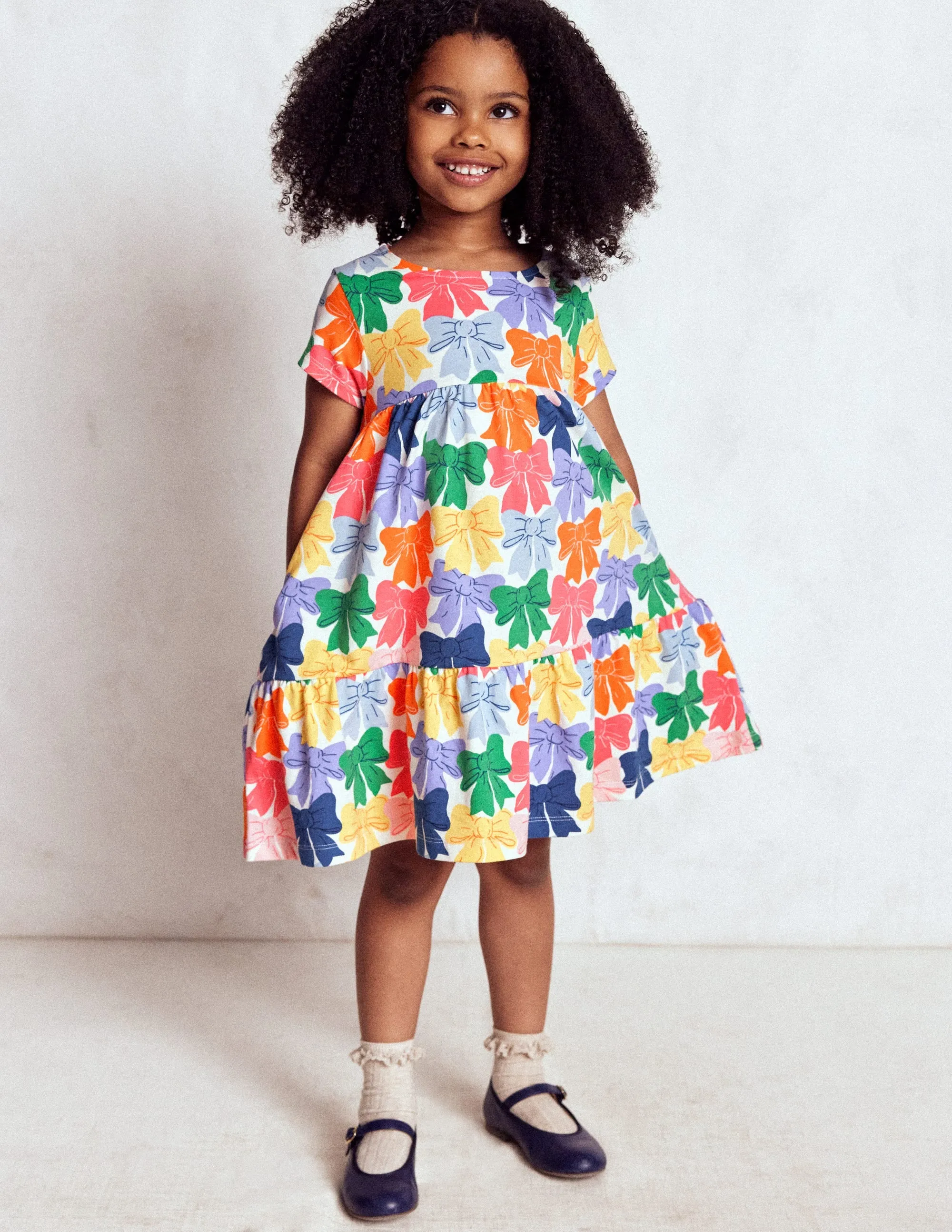 Ariel Twirly Jersey Dress-Multi Rainbow Bows Soft Cut Skin Touch