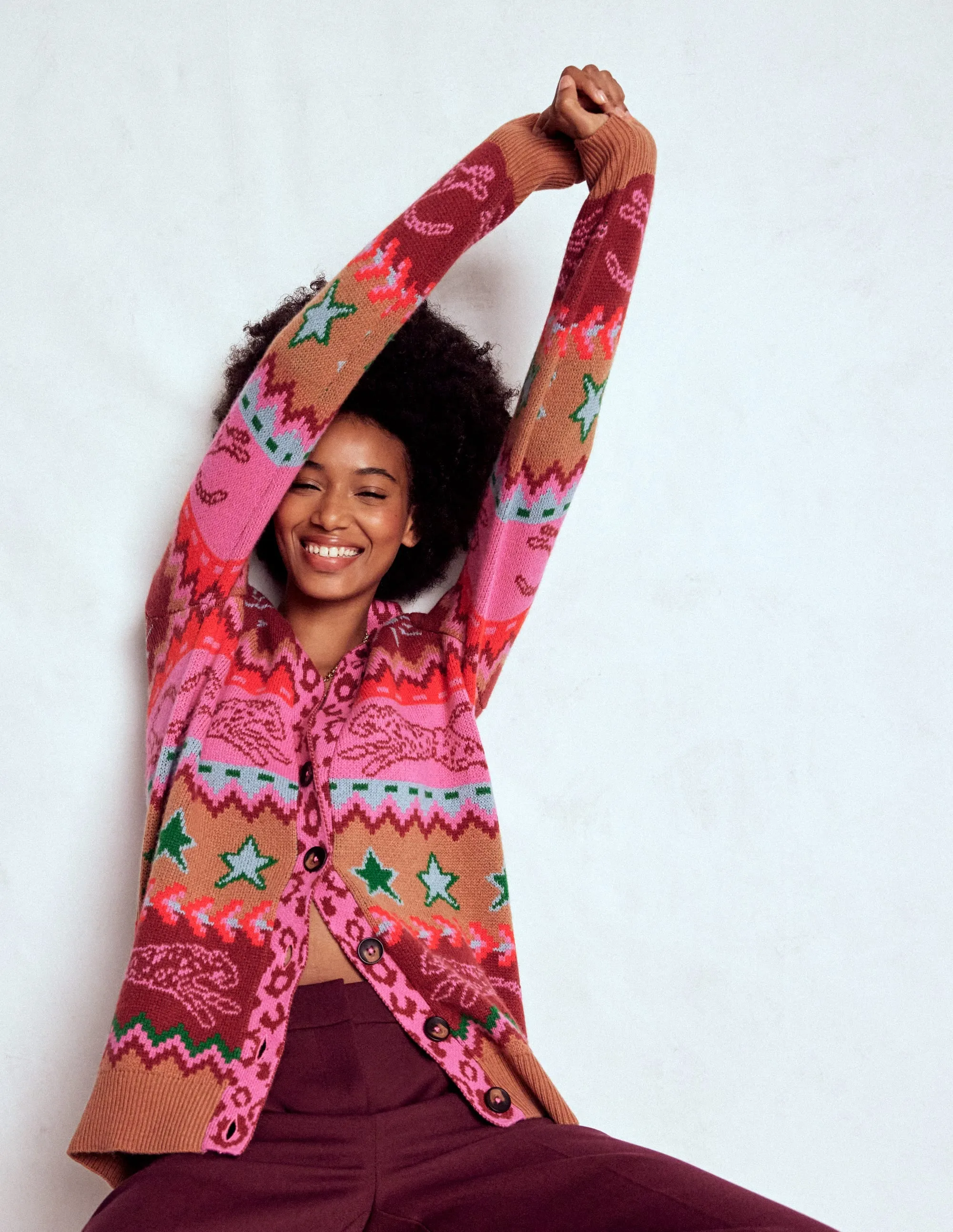 Anti Pilling Finish Quinn Boyfriend Cardigan-Camel, Cheetahs