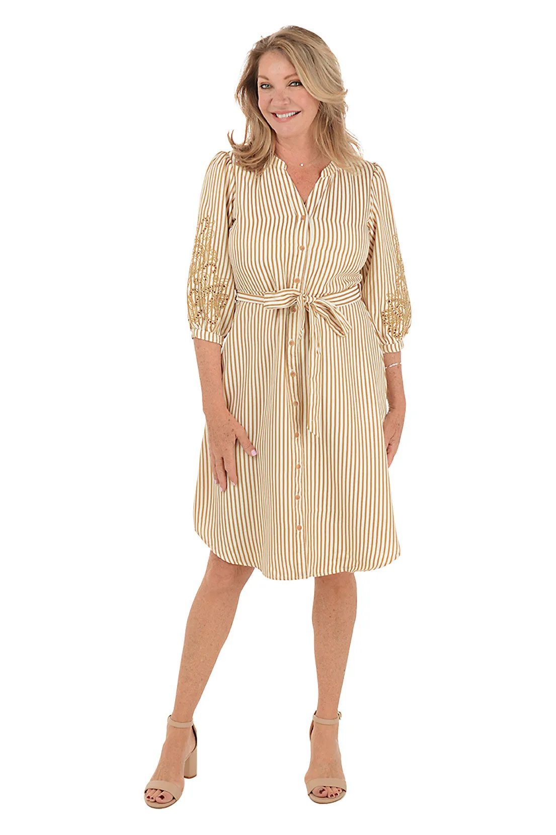 Caramel Embroidered Sleeve Seersucker Stripe Dress Mood Casual