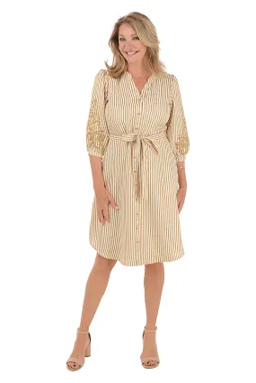 Caramel Embroidered Sleeve Seersucker Stripe Dress Timeless and Comfortable Timeless Edge