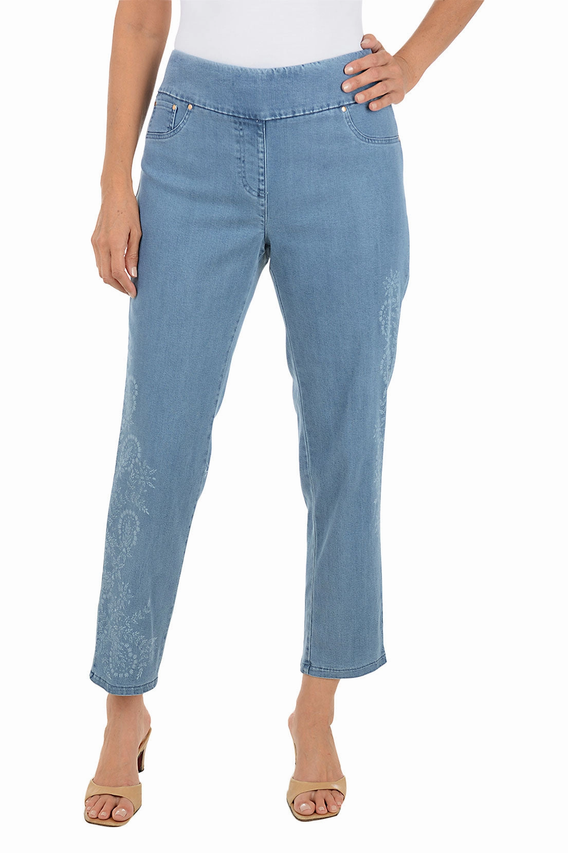 Stretch Fit Wear Boho Chic Floral Stenciled Denim Pant