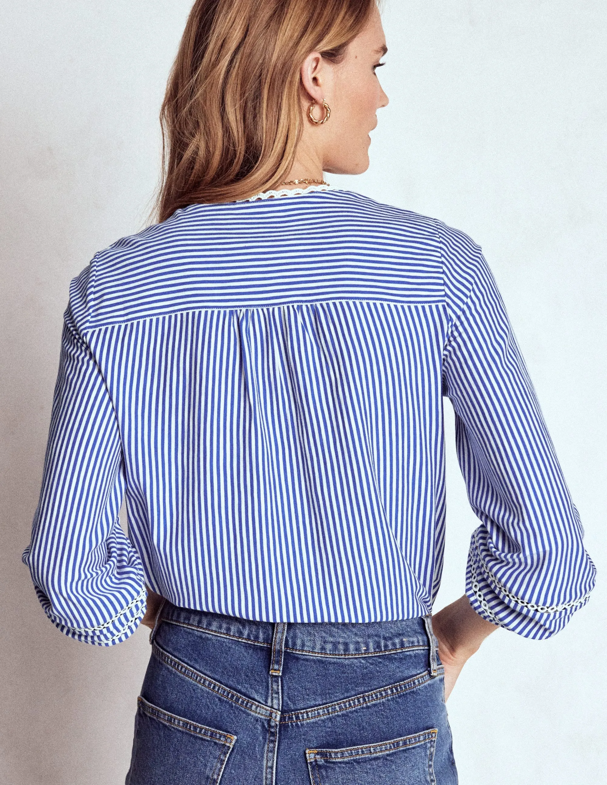 Trim Detail Jersey Shirt-Bright Blue, Ivory Stripe Hypoallergenic Inner Layer TailoredCut