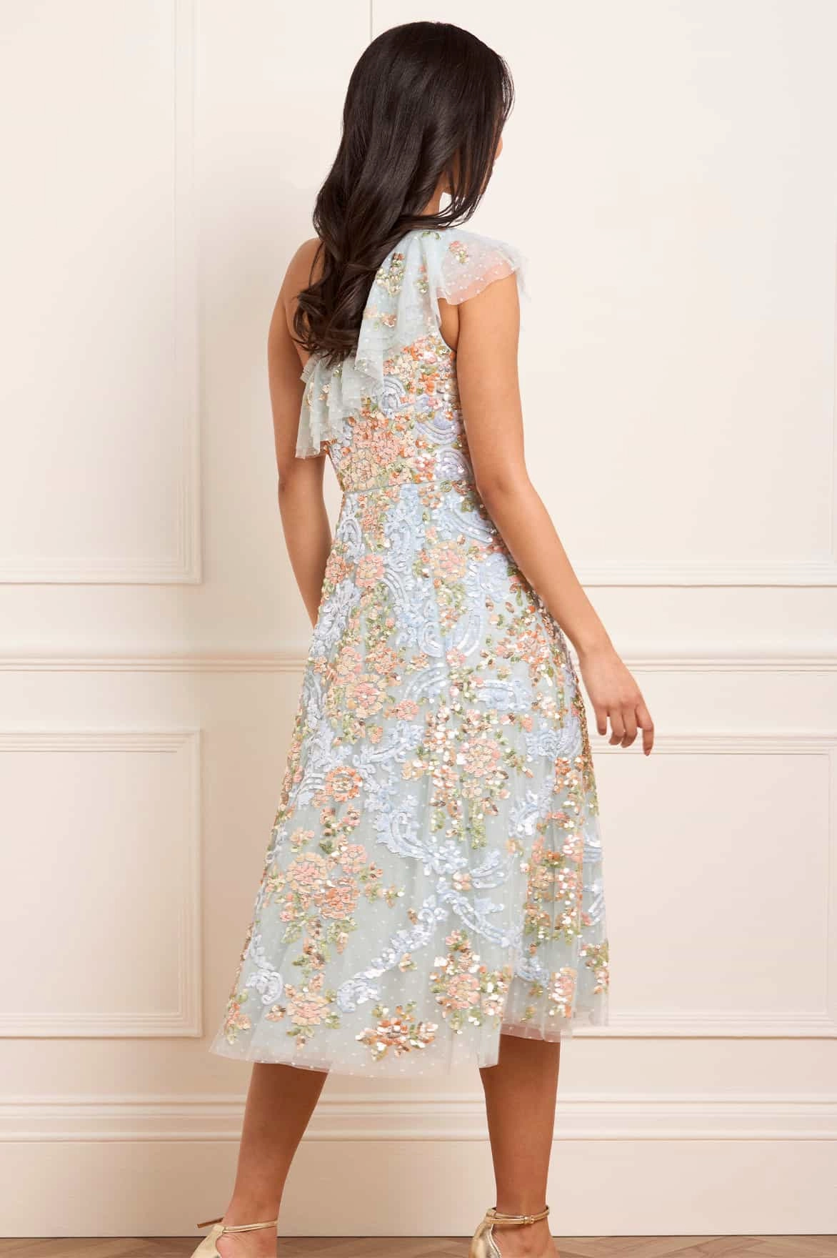 Baroque Floral One-Shoulder Midaxi Dress Ceremony Ready Layering Fit