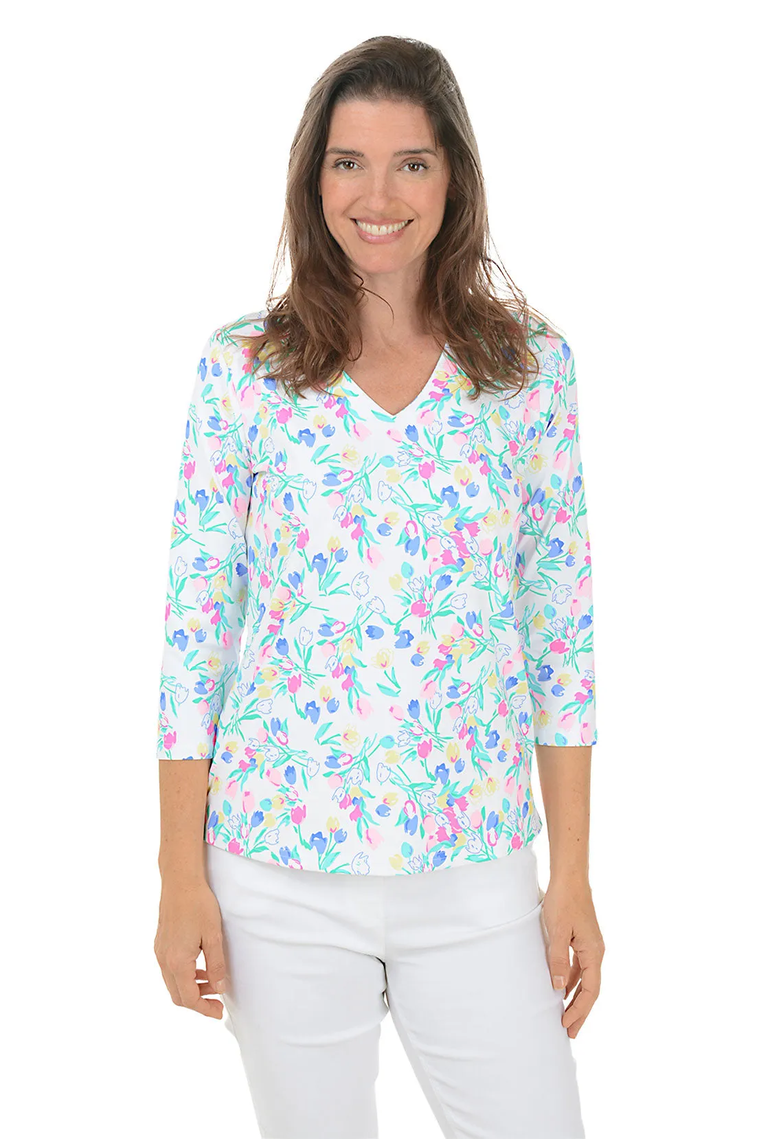 Reinforced Shoulder Seams Tulip Bouquet UPF50  V-Neck Top