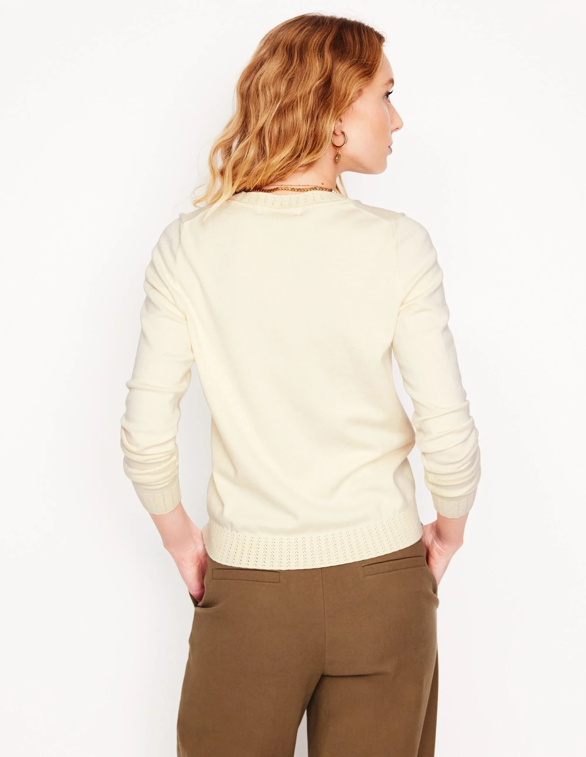 Emilia Cotton Crew Jumper-Warm Ivory Contrast Trim Accent