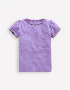 Ali Puff Sleeve Pom T-Shirt-Lavender Purple Versatile Style Trend