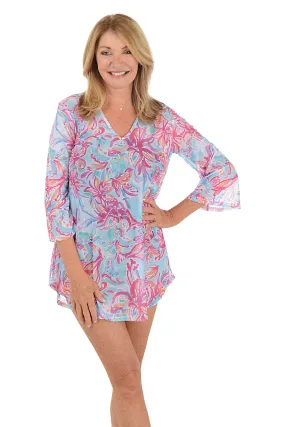 Pink Hibiscus Mesh Tunic Cover-Up Tagless Comfort Collar High Density Weave