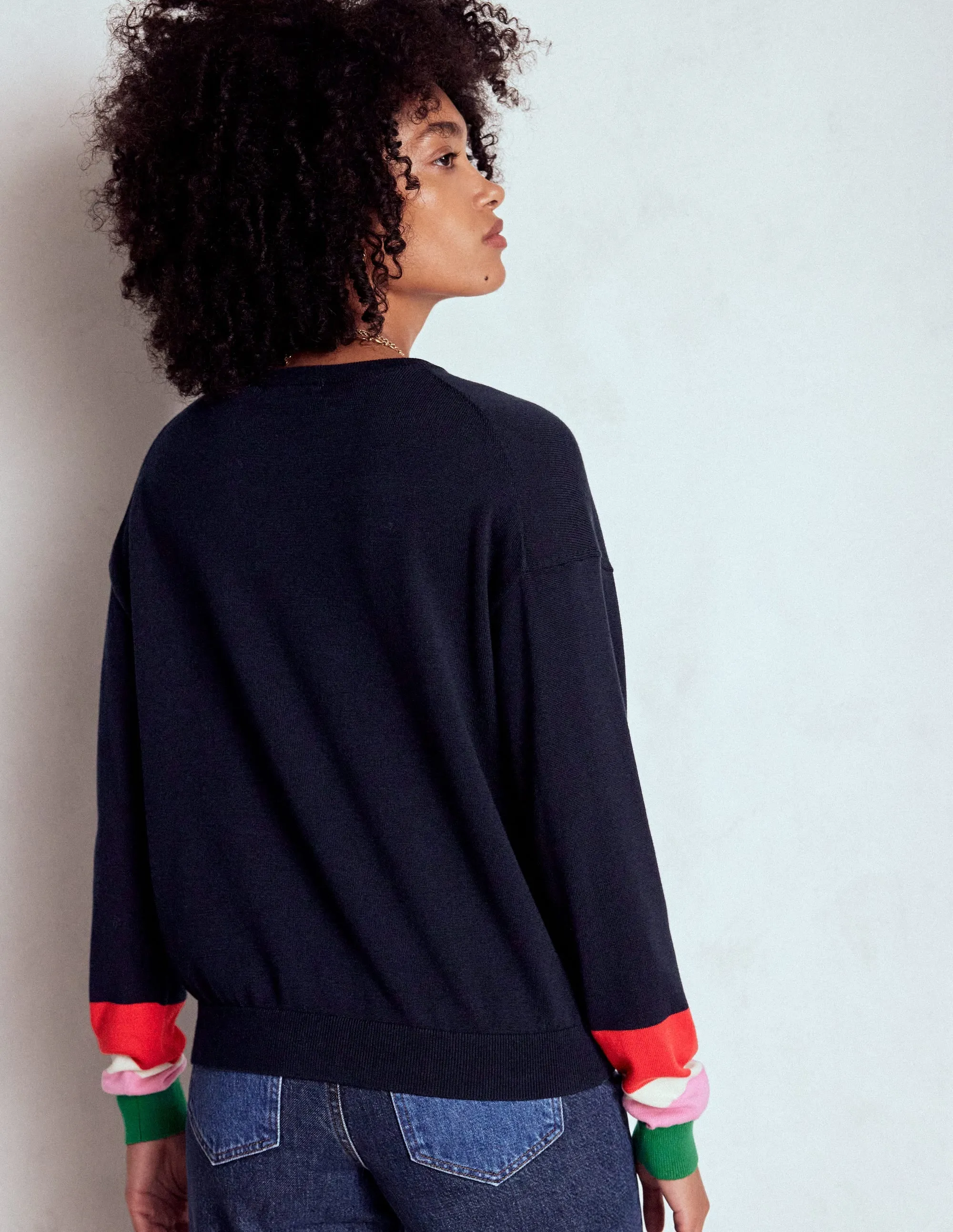 Lara Relaxed Cotton Jumper-Navy Cuff Stripe Easy Fit