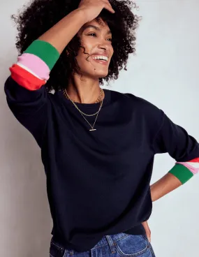 Lara Relaxed Cotton Jumper-Navy Cuff Stripe Quiet Tone Weekend Classic