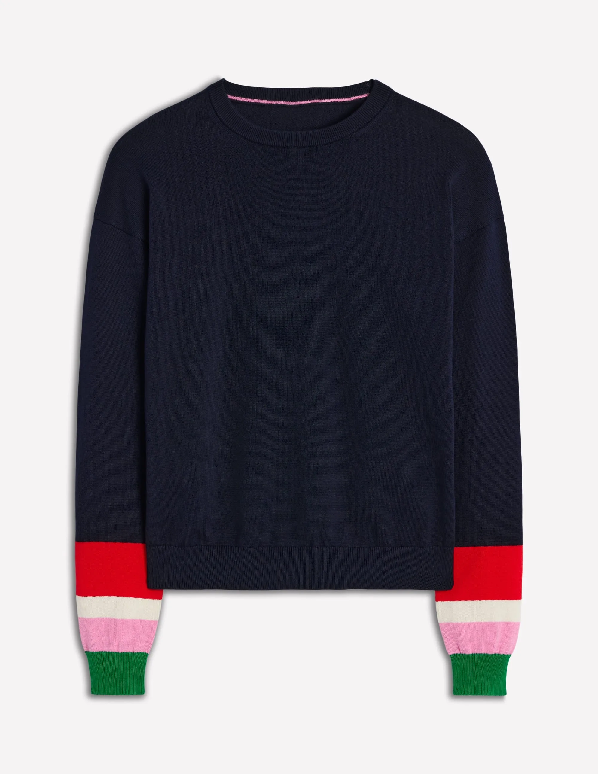 Lara Relaxed Cotton Jumper-Navy Cuff Stripe Tailored Silhouette Recycled Fiber