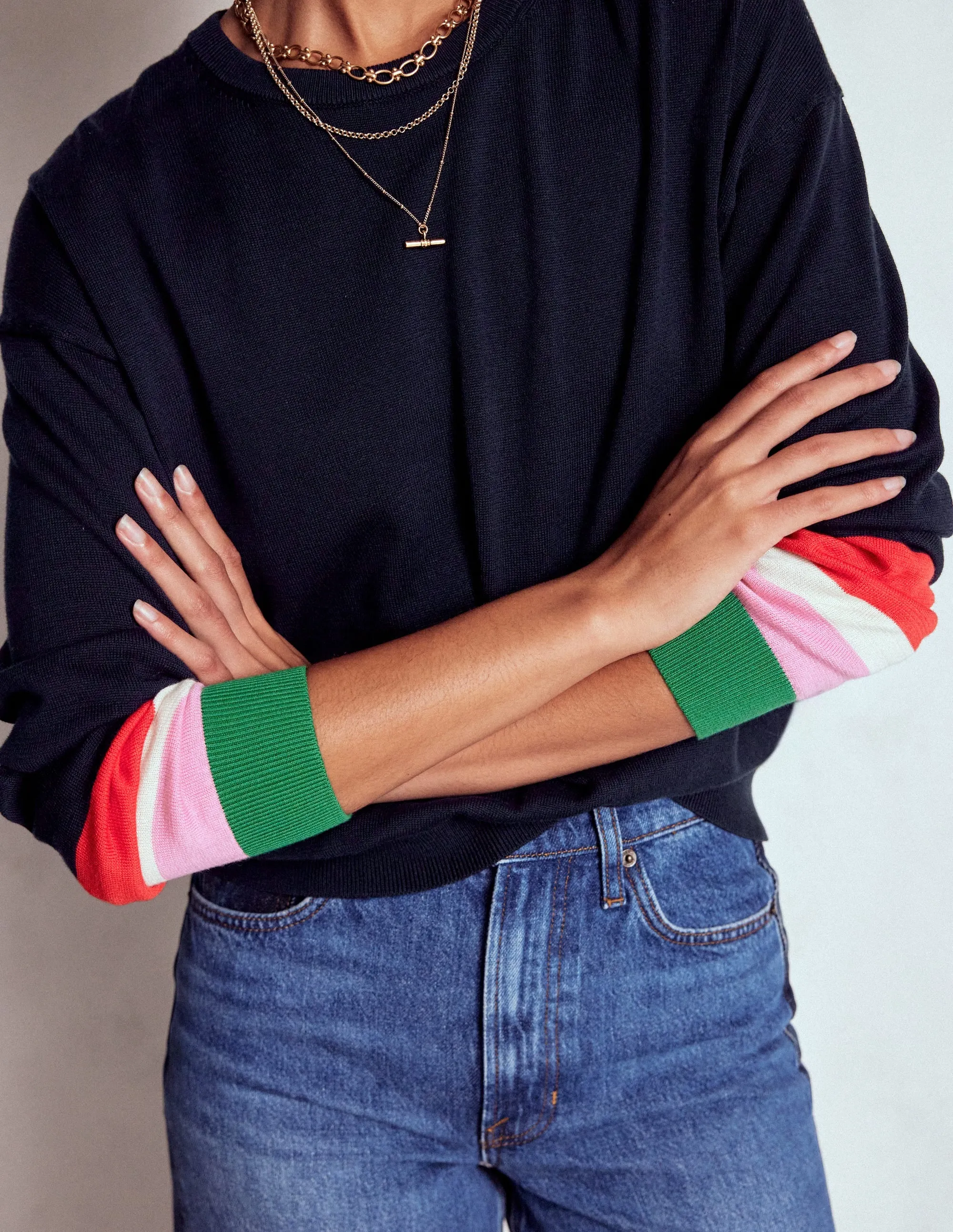 Lara Relaxed Cotton Jumper-Navy Cuff Stripe Chic Casual Outfit AntiSnag Surface