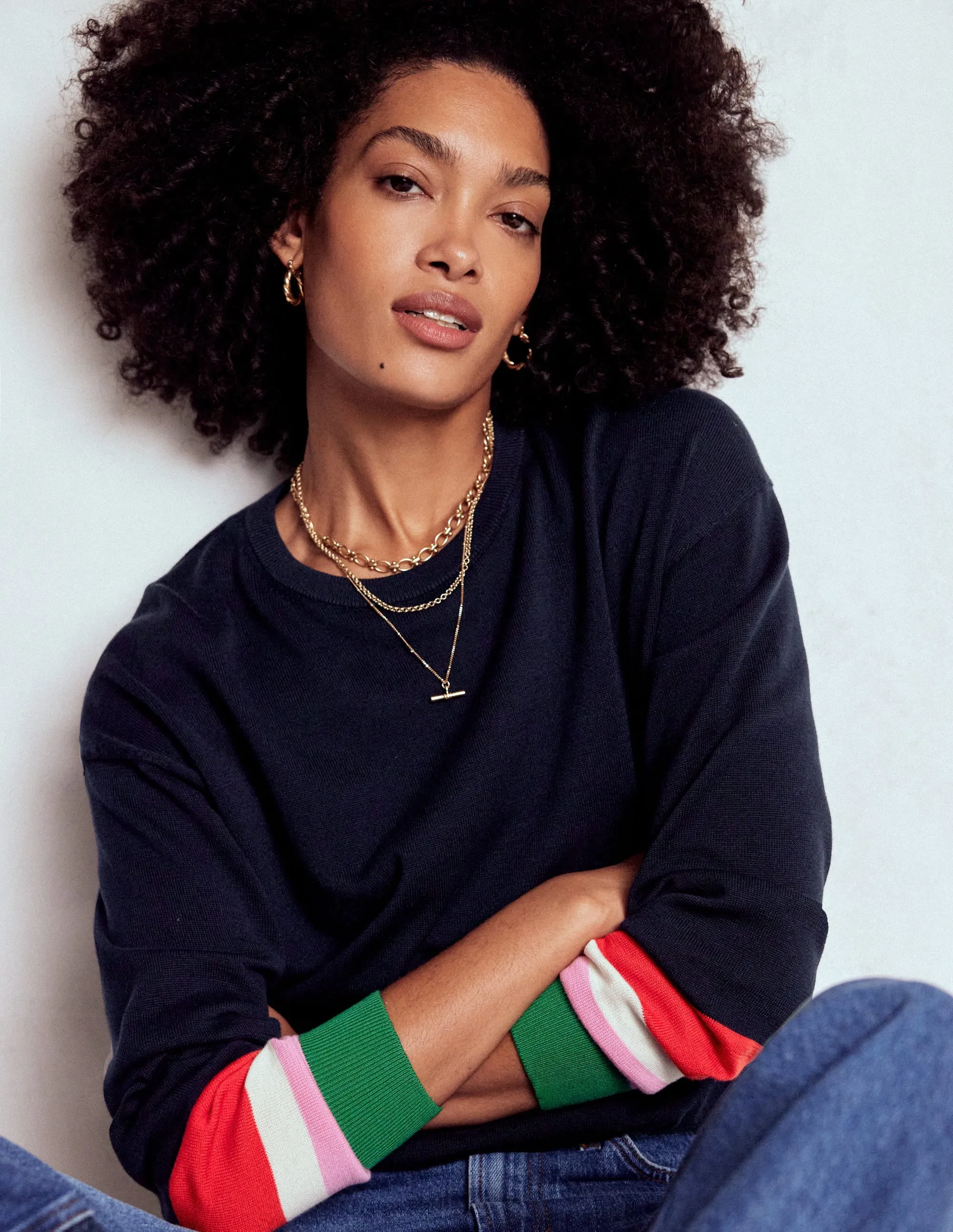 Lara Relaxed Cotton Jumper-Navy Cuff Stripe Office Friendly