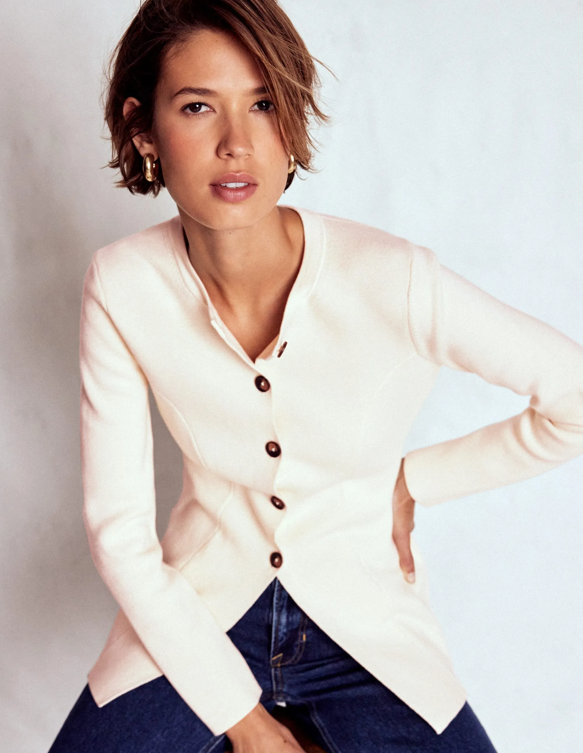 Joanna Fitted Knitted Jacket-Warm Ivory Durable Blend