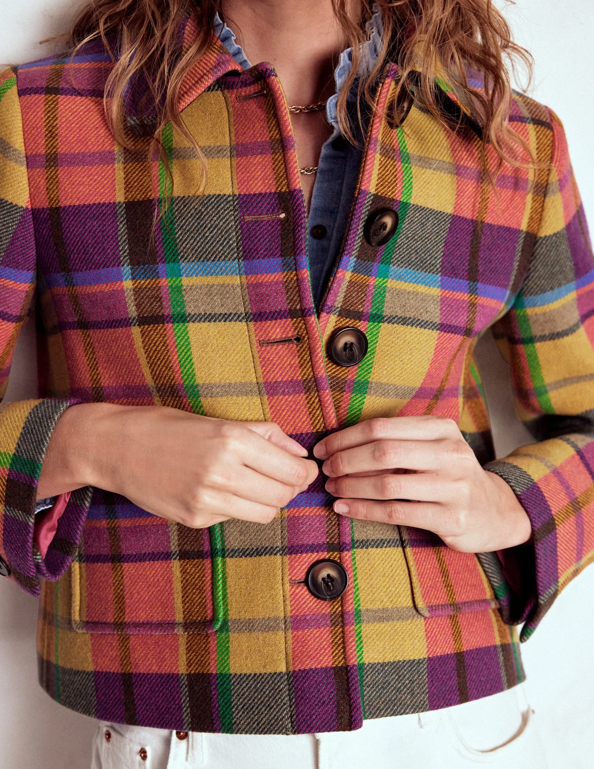 Knightsbridge Wool Jacket-Multi Check Low Profile Collar Design Recycled Polyester Blend