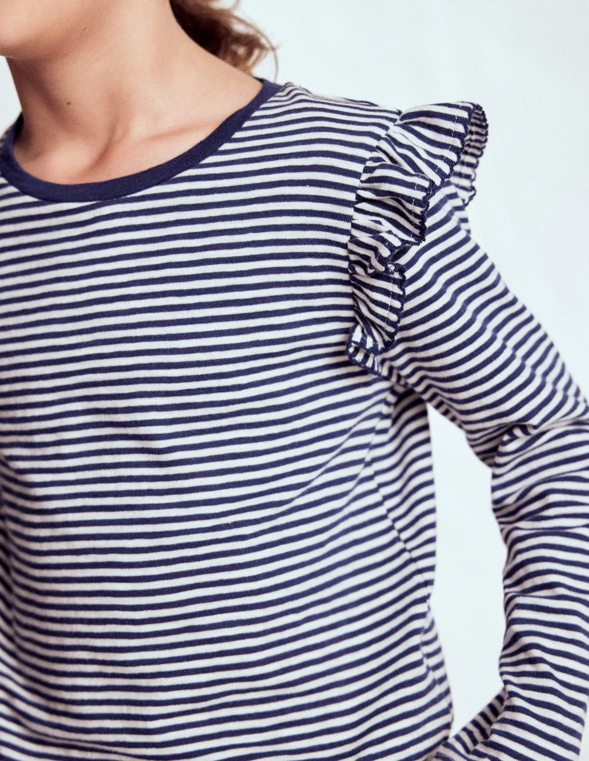 Frill Sleeve Slub Top-Soft Ivory/College Navy print design Perfect Style