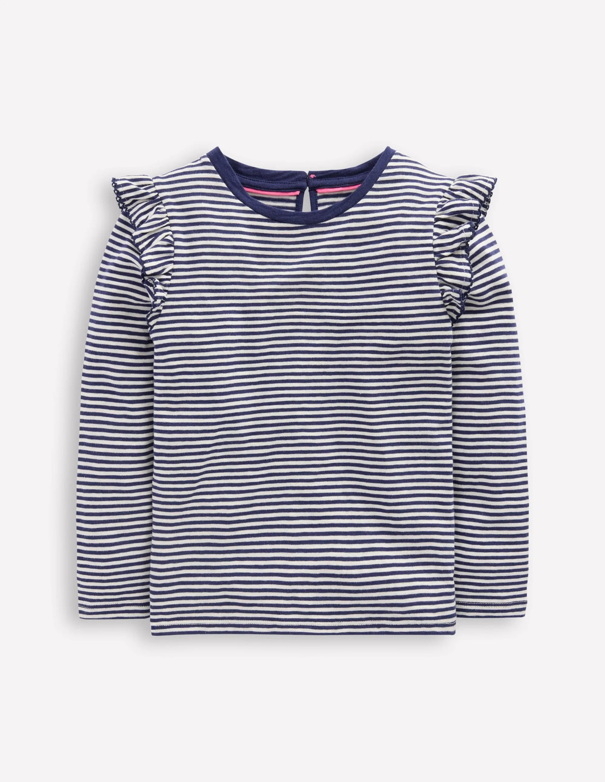 Office Casual Frill Sleeve Slub Top-Soft Ivory/College Navy