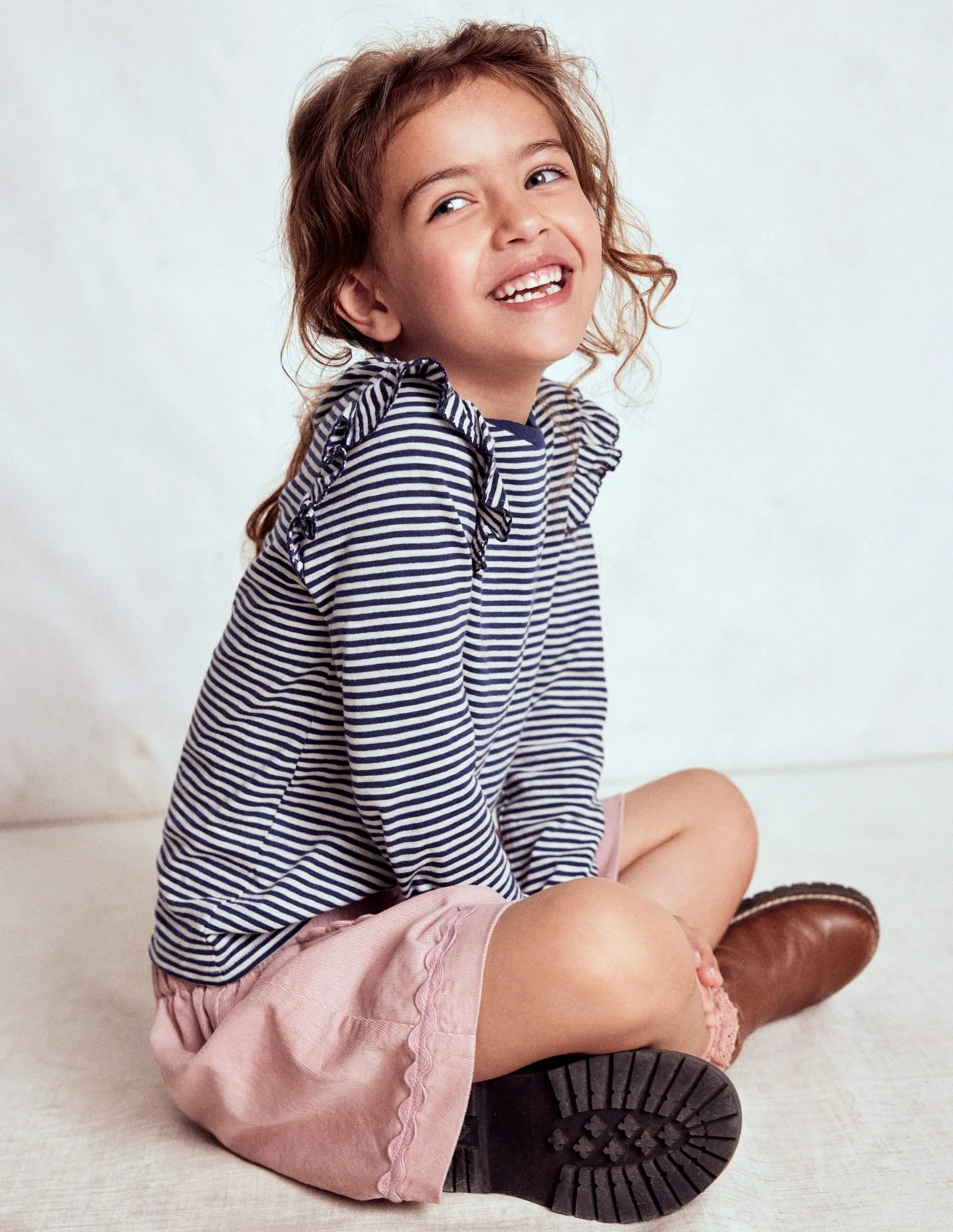 Frill Sleeve Slub Top-Soft Ivory/College Navy Effortless Layer