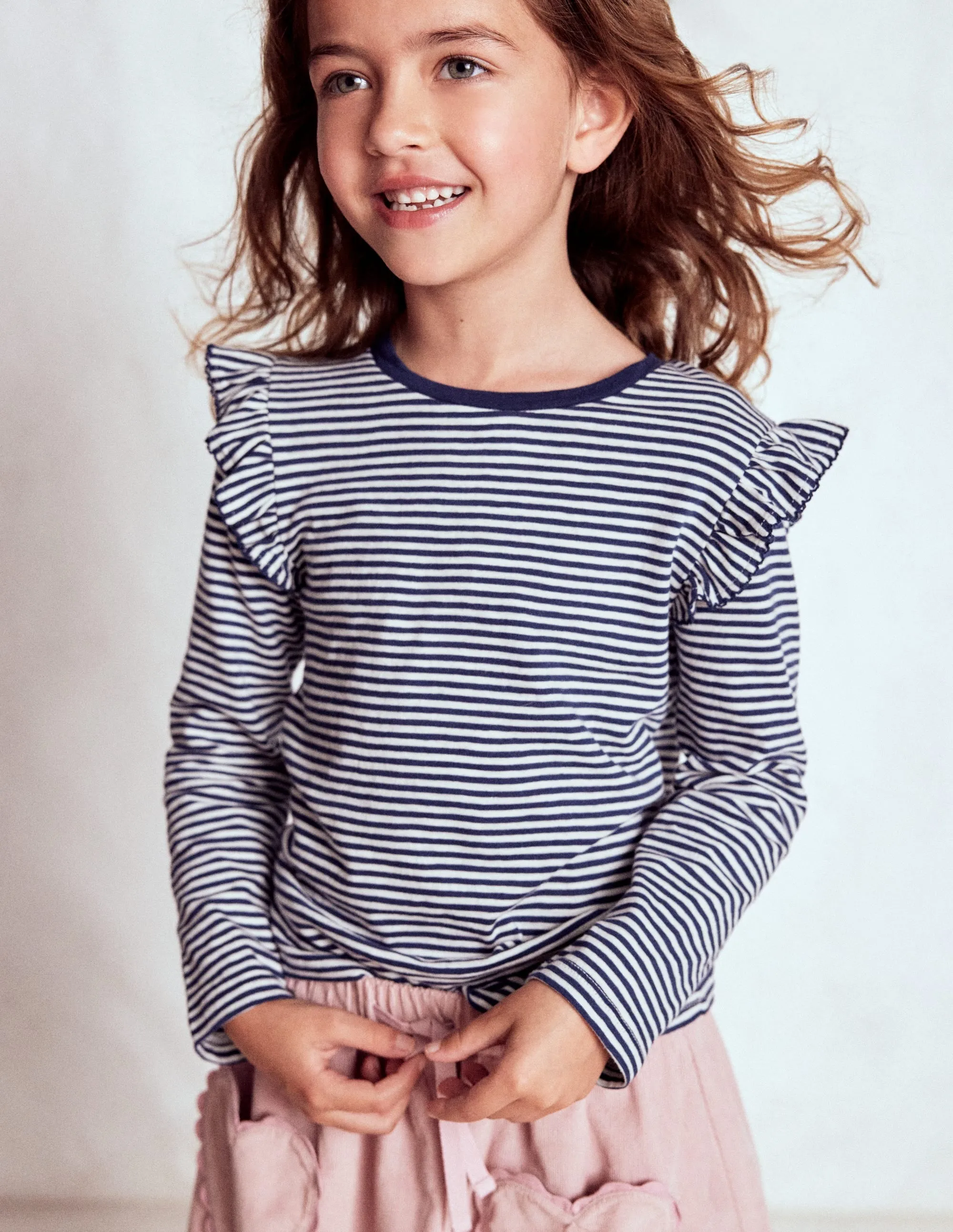 Frill Sleeve Slub Top-Soft Ivory/College Navy Travel convenience Chic Cut