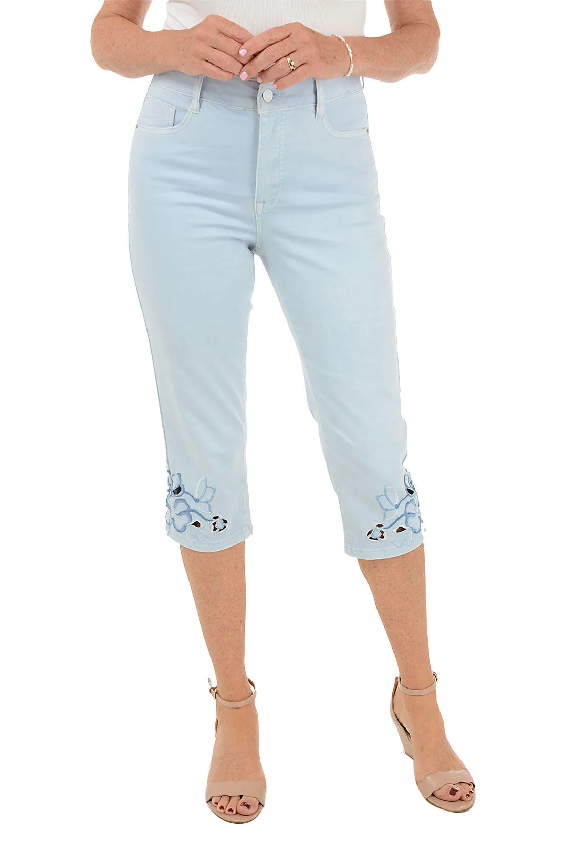 Blue Floral Embroidered Denim Capri Pant Quick Access Zippers