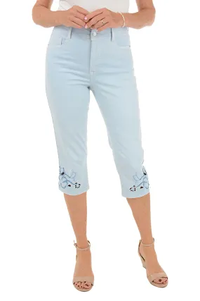Breathable Waistband Modern Design Blue Floral Embroidered Denim Capri Pant