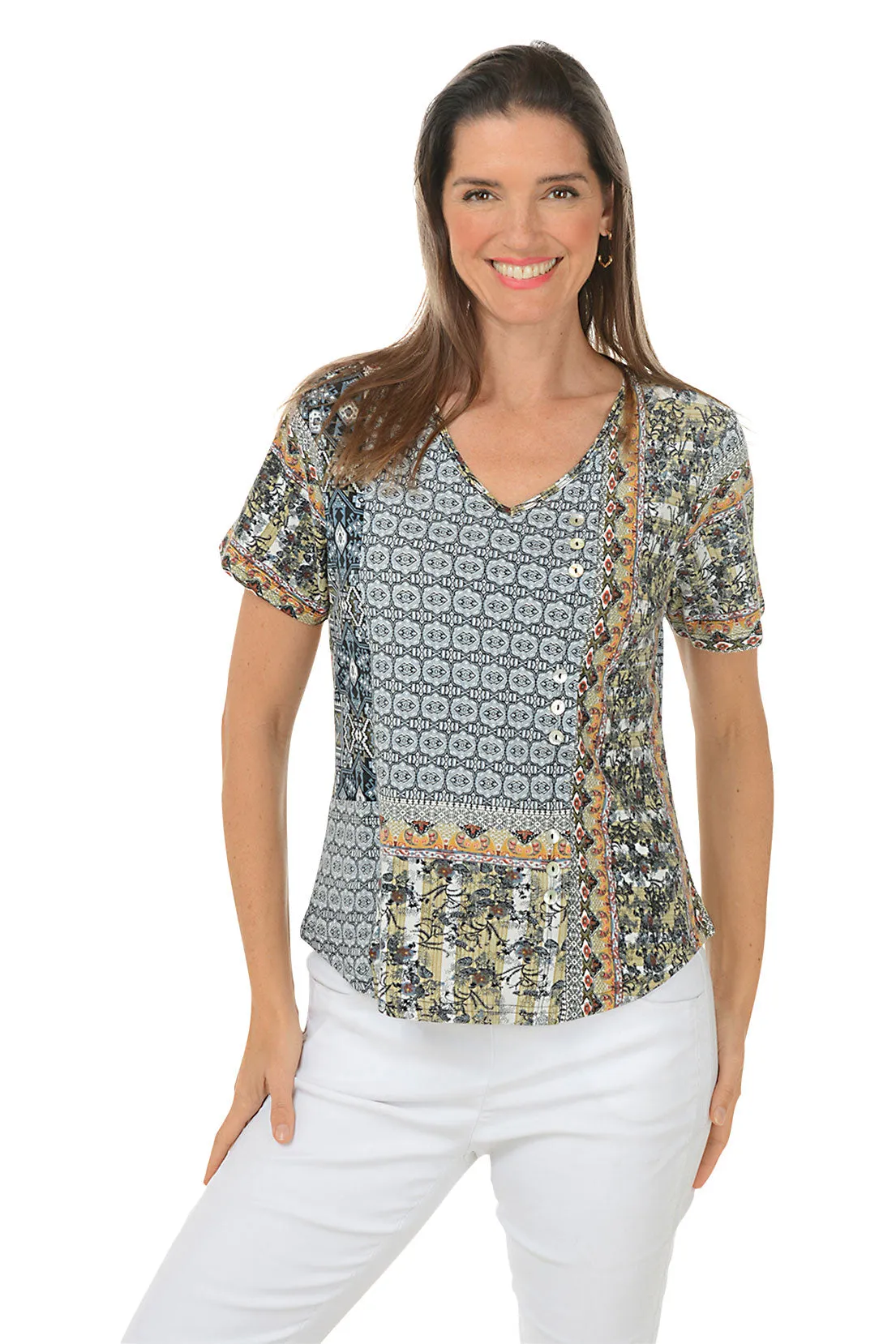 ReflectiveTrim Hilary Offset Button Front Pocket Tee