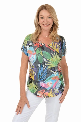 Grid Back Panel Biodegradable Fiber Blend Harmony Crushed Short Sleeve Knit Top