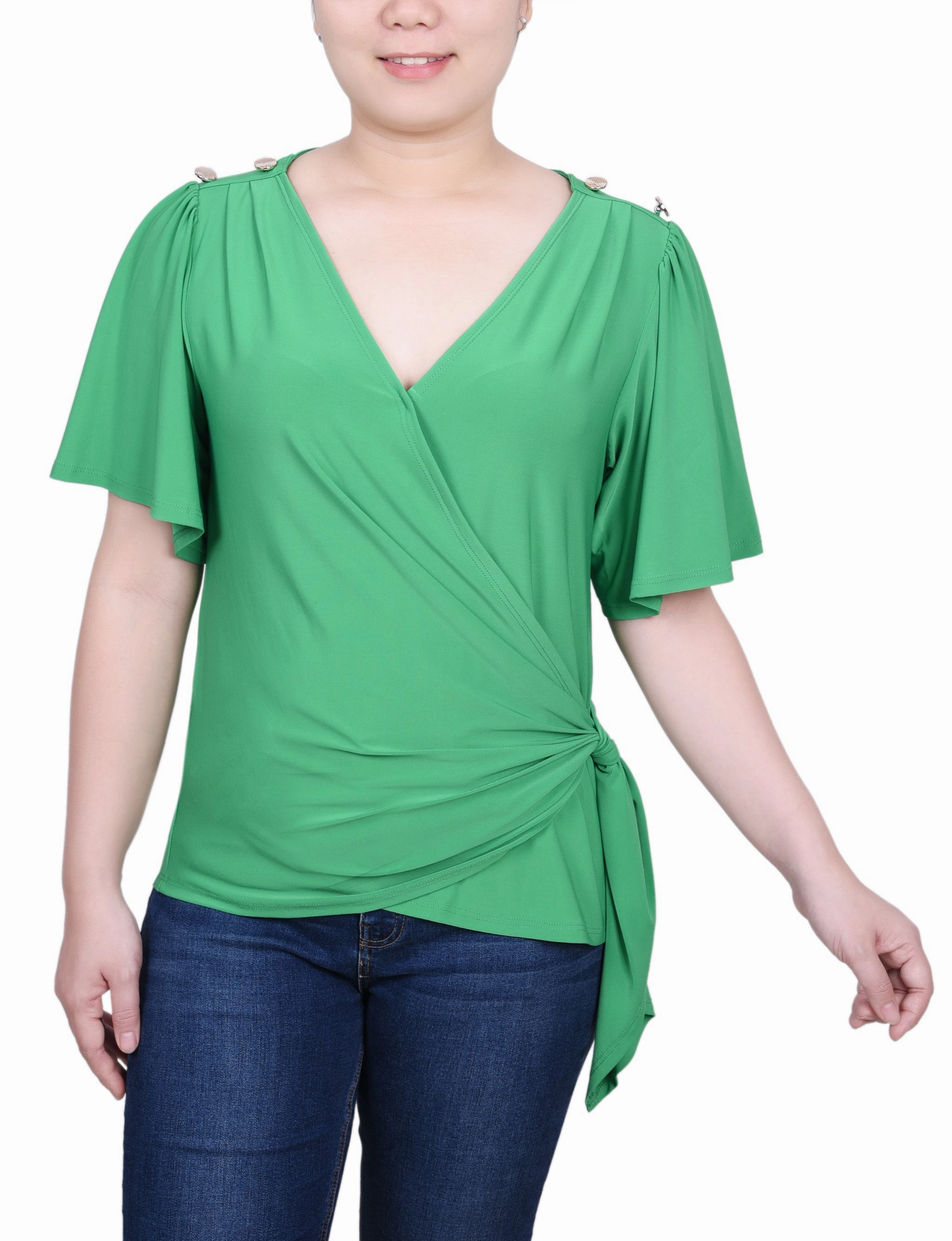 HighDurabilityWeave Petite Short Sleeve Wrap Top
