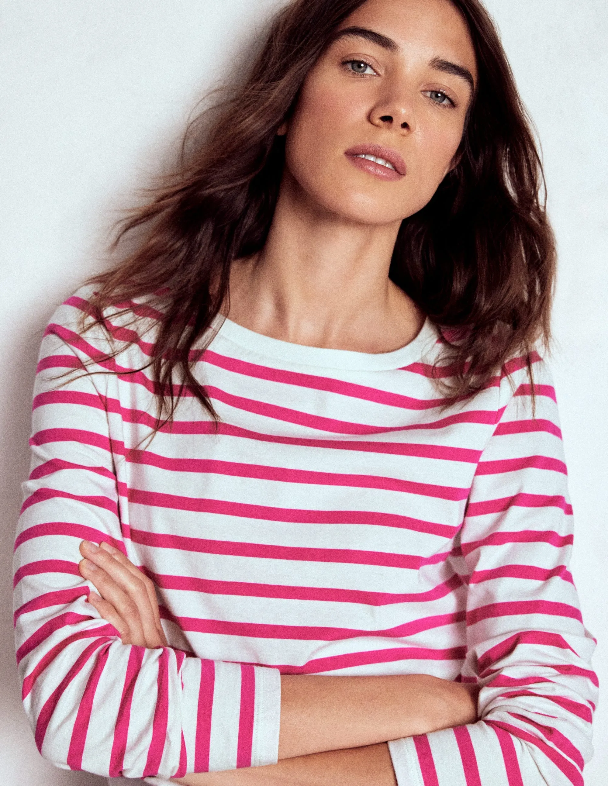 All Over Print Technique ReinforcedHems Olivia Long Sleeve Breton-Pink Peony Stripe
