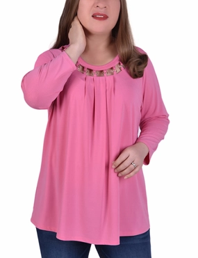 Office Look Plus Size 3/4 Sleeve Top With Cutout Ringed Neckline