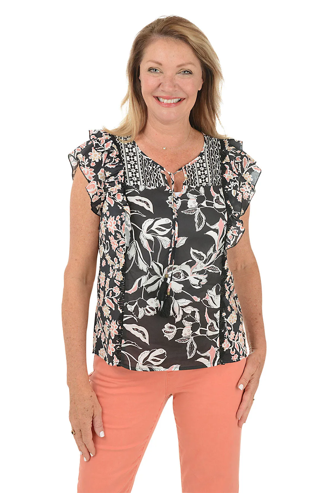 Vanilla Flower Ruffled Cap Sleeve Peasant Blouse Two Tone Texture Effect CrossBackDesign