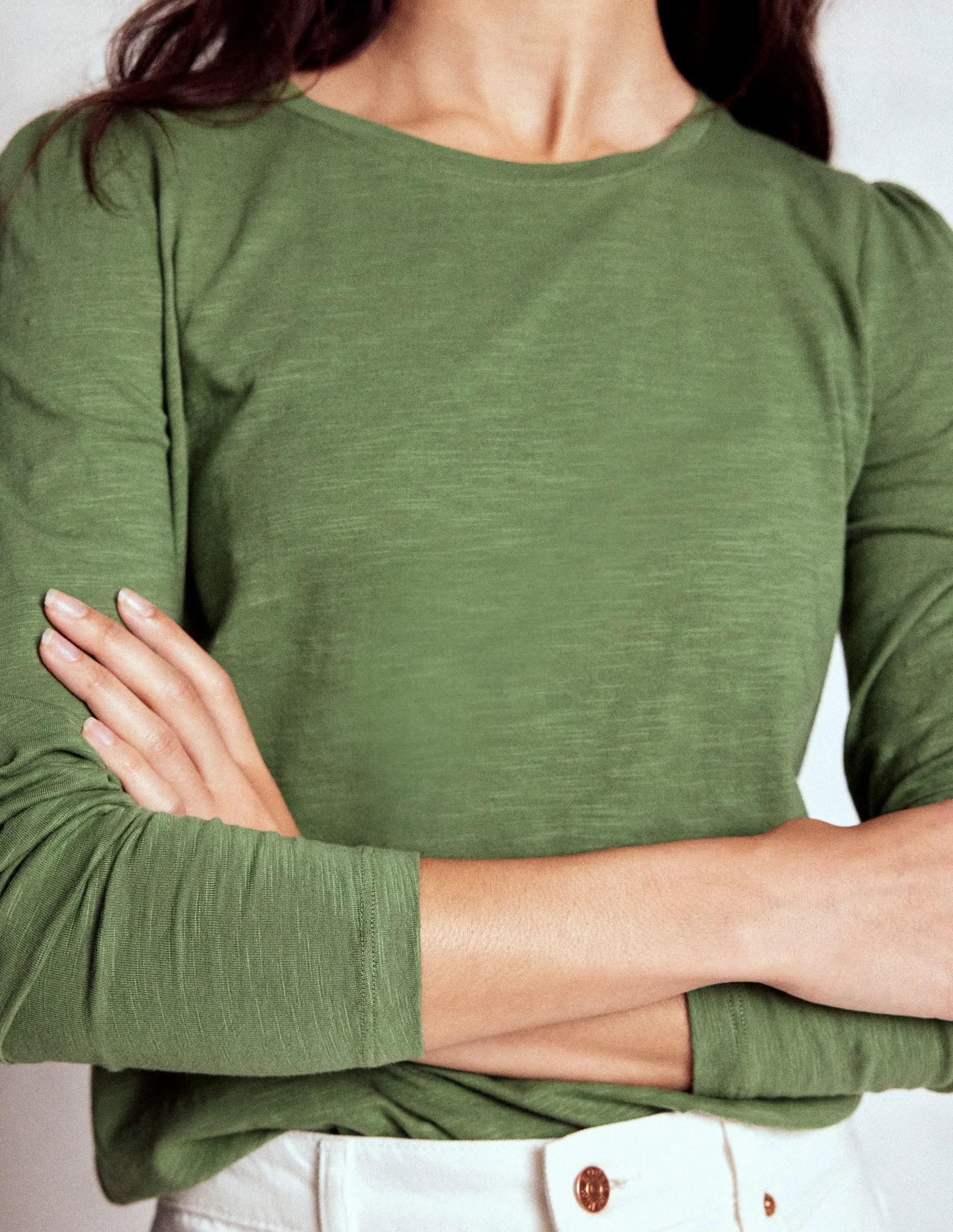 Cotton Crew Long Sleeve Top-Safari Green DoubleLayered Collar