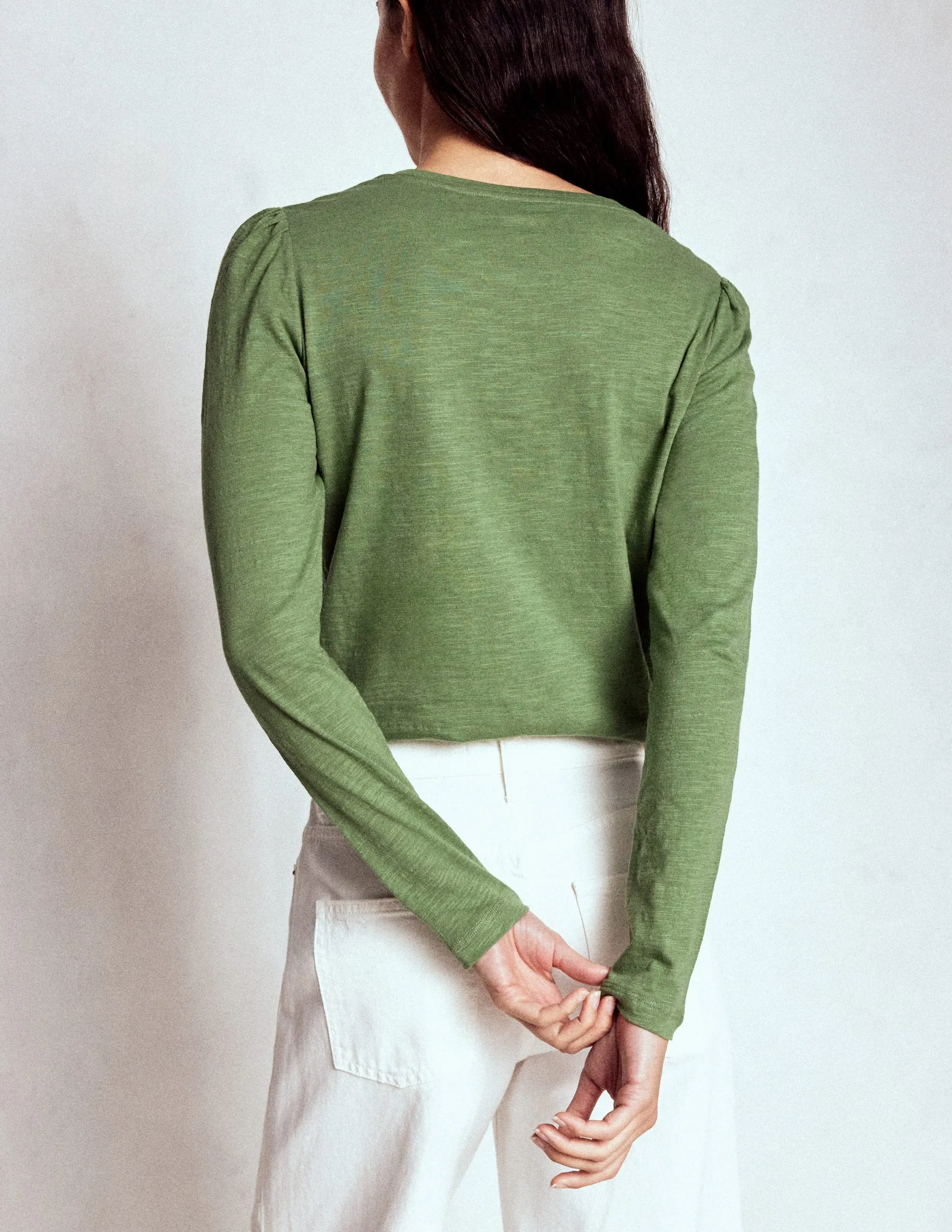 Cotton Crew Long Sleeve Top-Safari Green Sustainable Material Blend