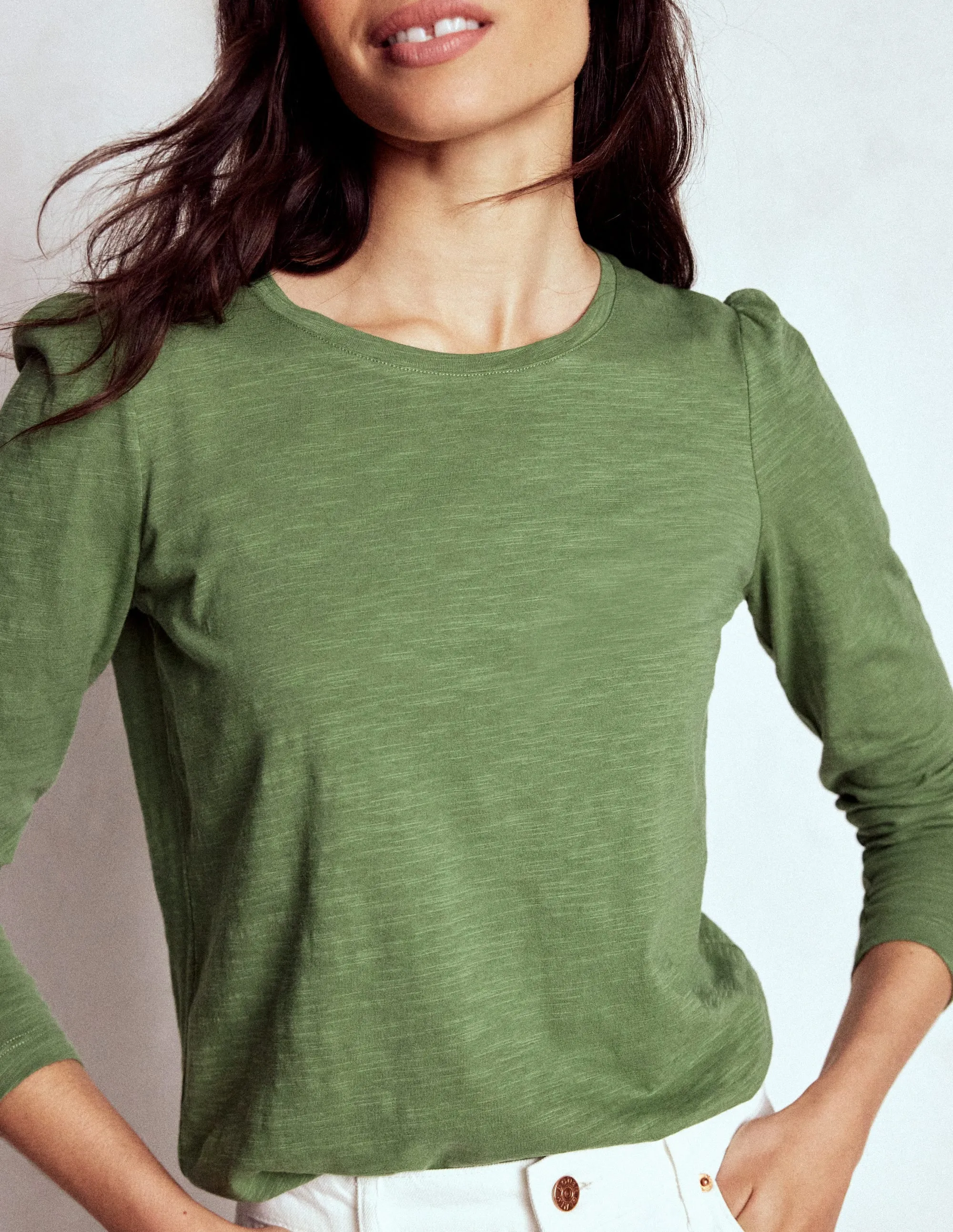 Recycled Polyester Blend Cotton Crew Long Sleeve Top-Safari Green
