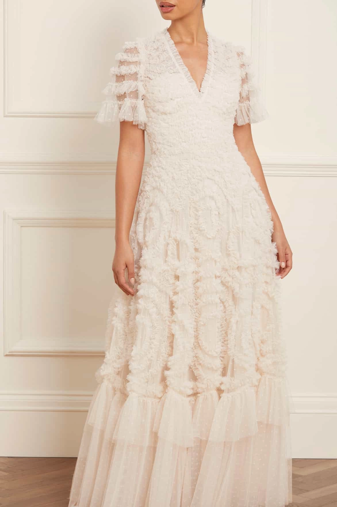 Leg-Lengthening Verity Ruffle V-Neck Gown