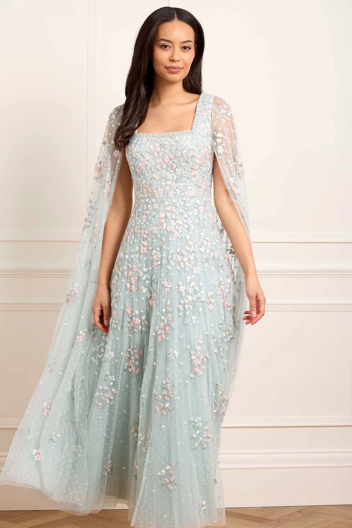 Versailles Ditsy Cape Sleeve Ankle Gown Workwear Light Base