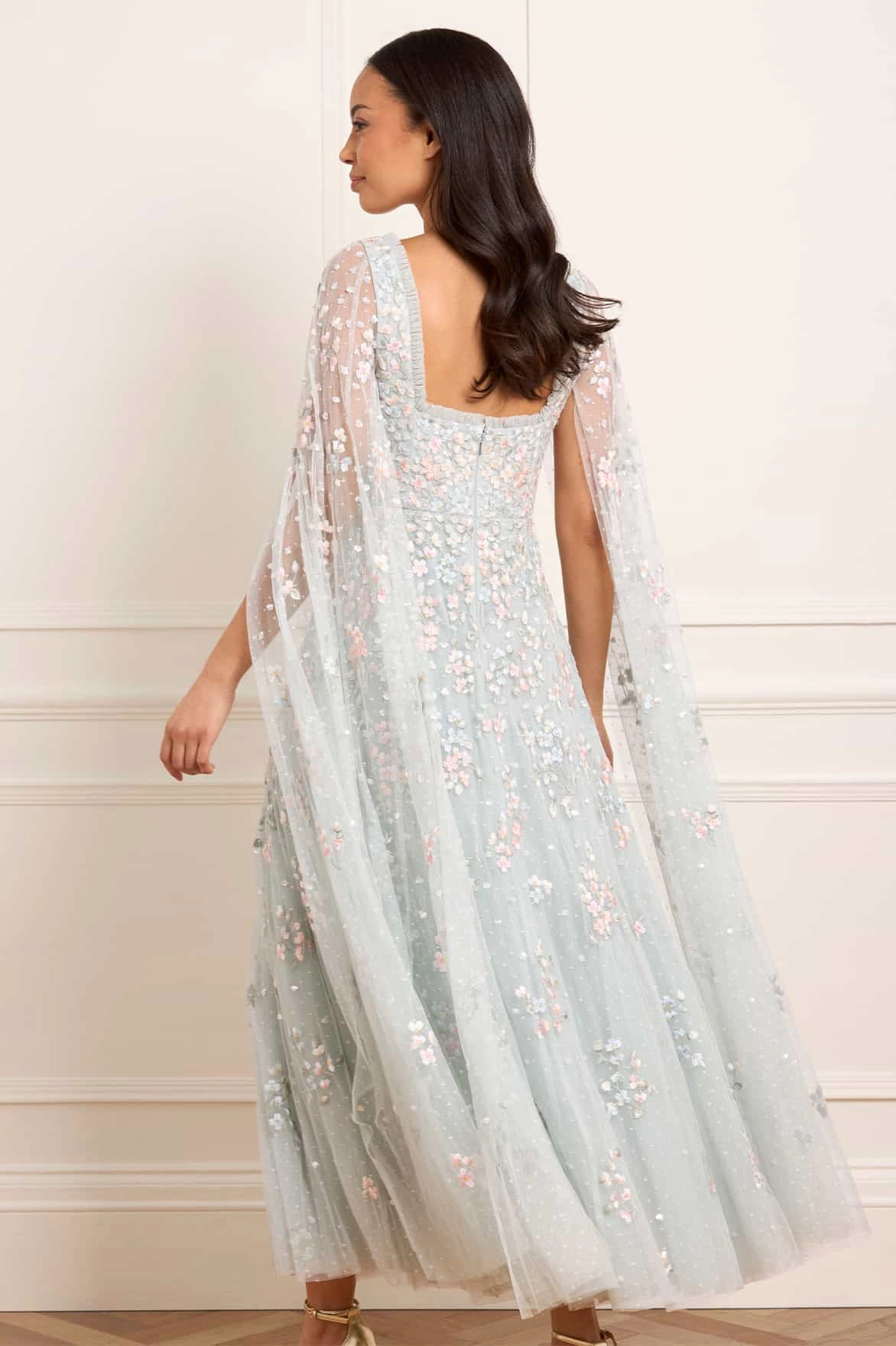 Versailles Ditsy Cape Sleeve Ankle Gown Smart Lines Sophisticated Line