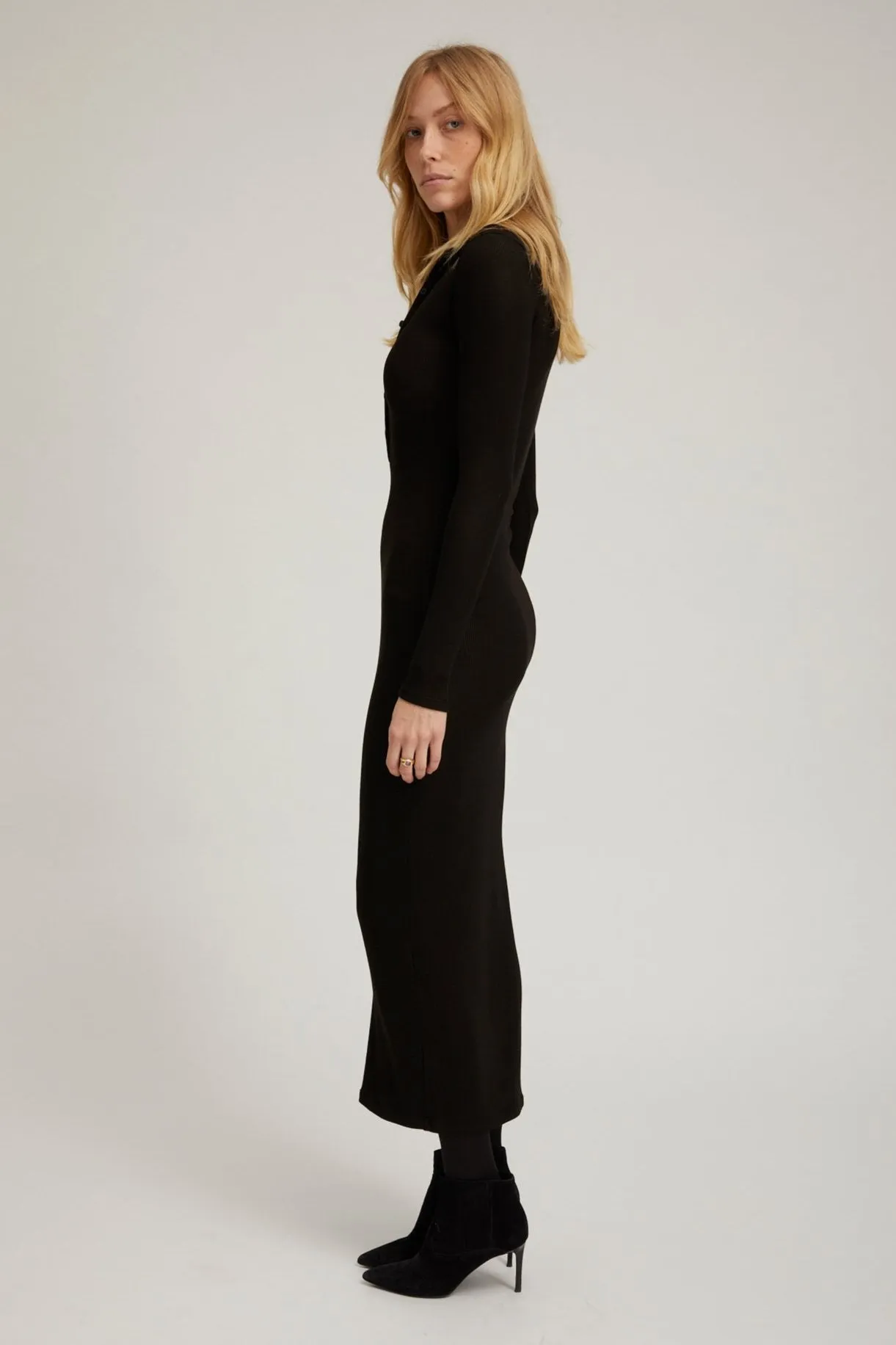 Black Rib Long Sleeve Polo Maxi Dress Hidden Zipper Family Glow